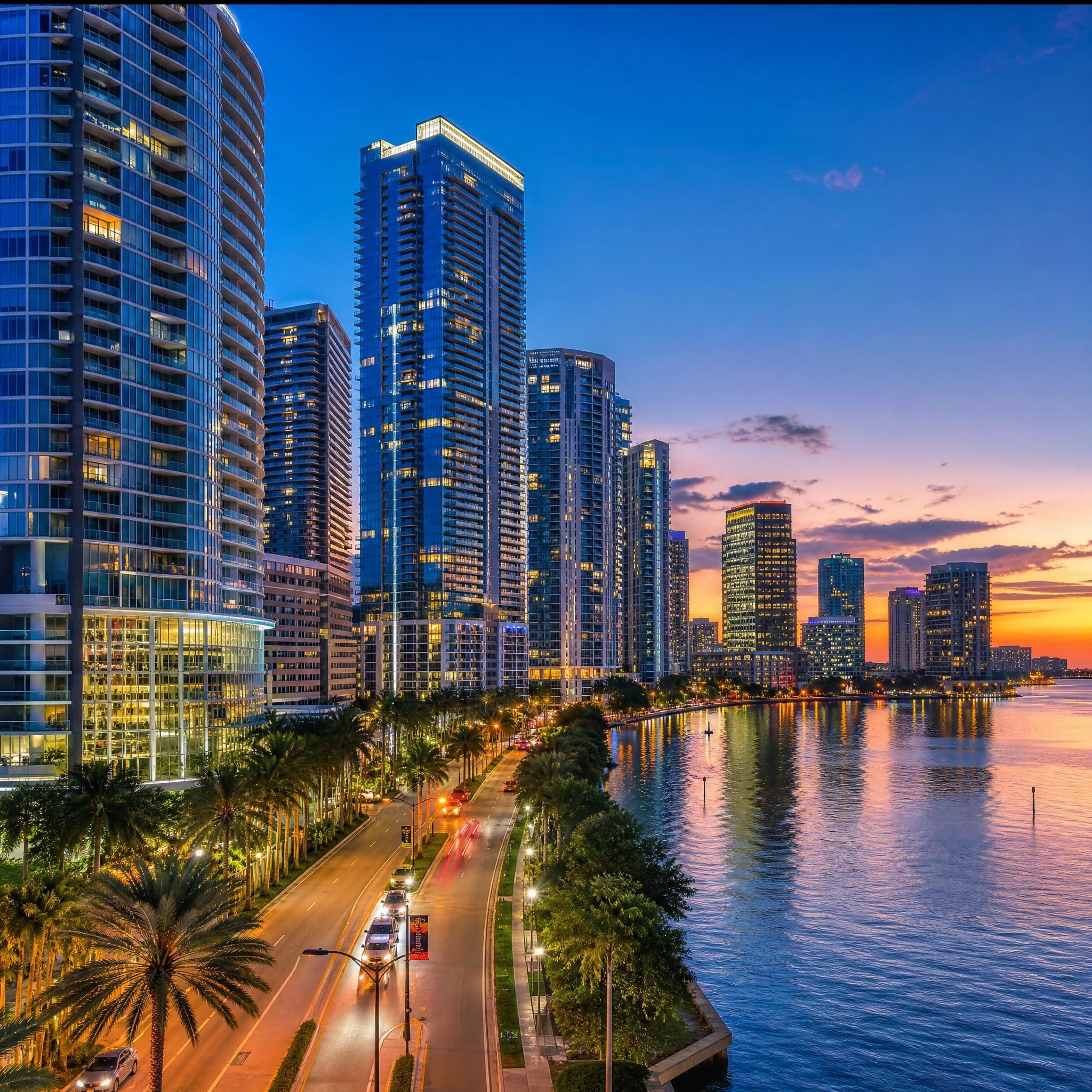 Brickell Avenue streetscape at dusk with gleaming luxury condo towers, city lights reflecting on Biscayne Bay