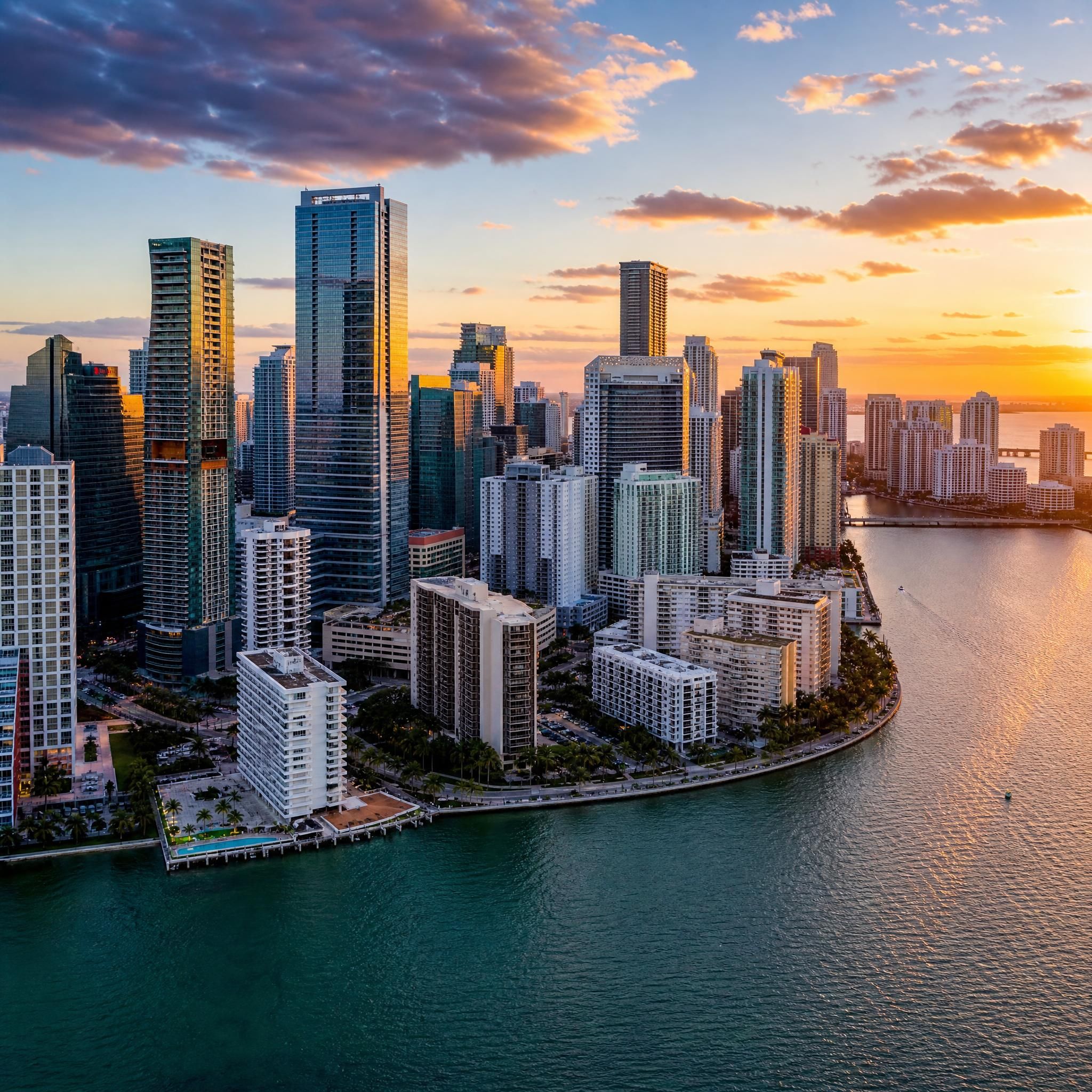 Aerial sunset view of Miami's Brickell skyline with luxury high-rise towers rising along Biscayne Bay waterfront
