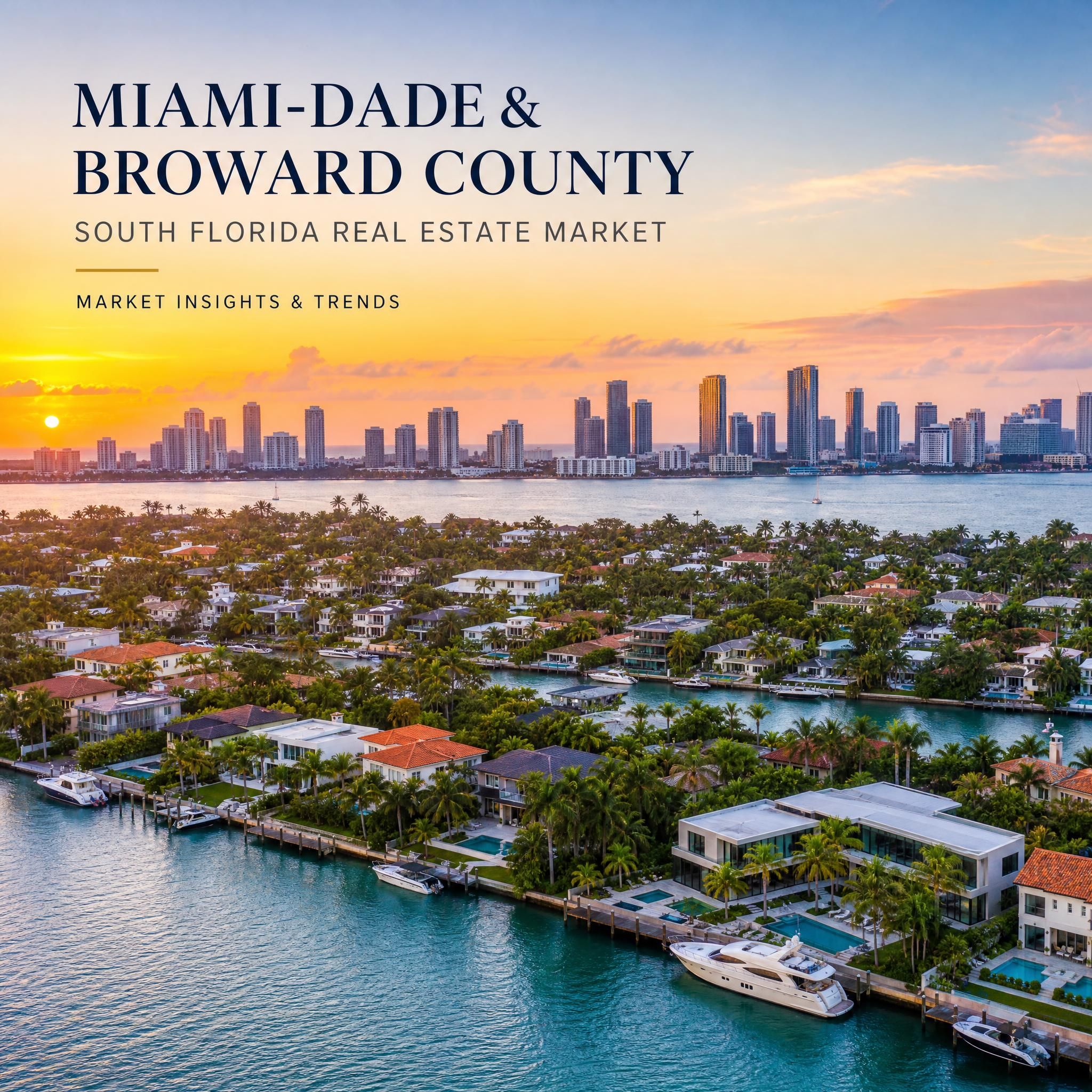 Aerial view of Miami-Dade and Broward County waterfront properties with South Florida skyline at sunset, showcasing luxury real estate market
