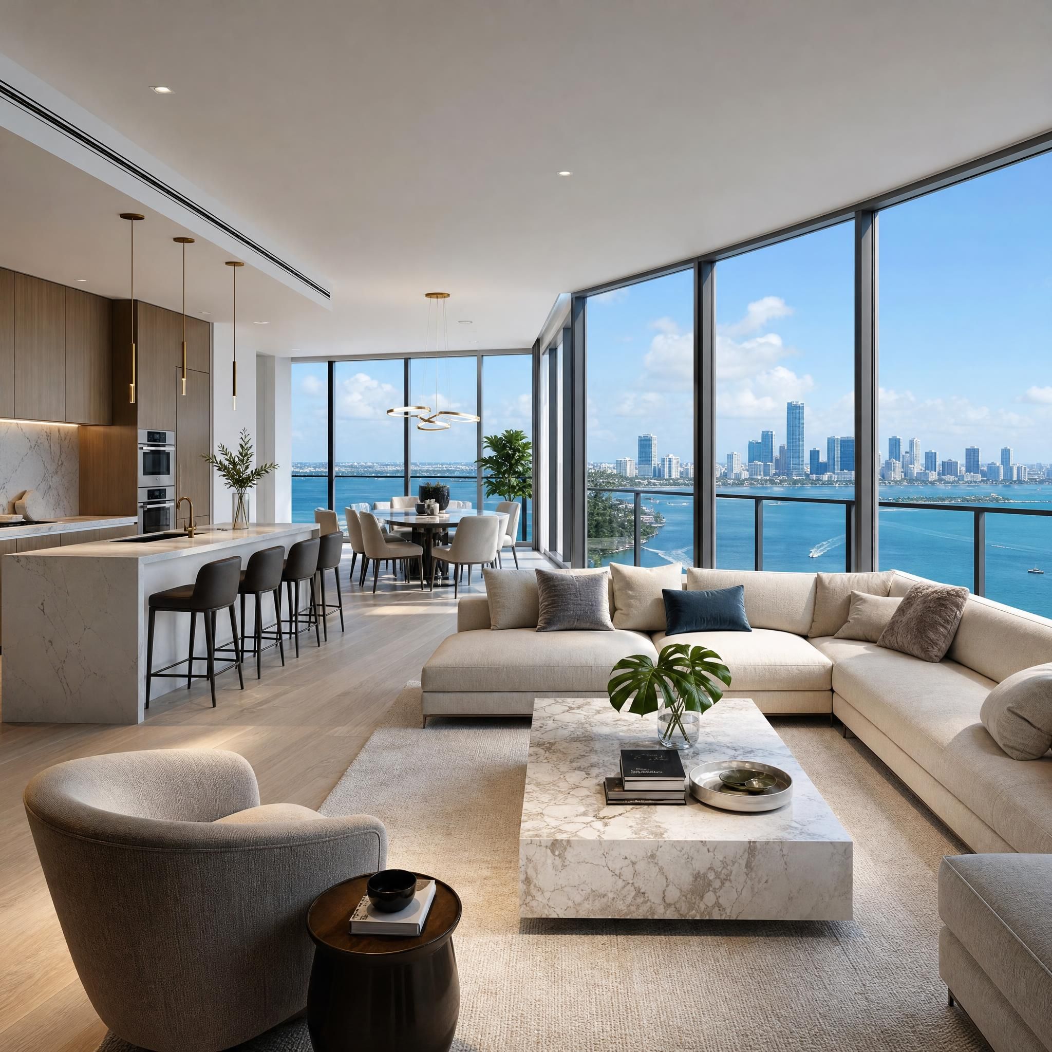 Modern luxury condo interior with floor-to-ceiling windows overlooking Biscayne Bay, featuring open-concept living space and designer finishes