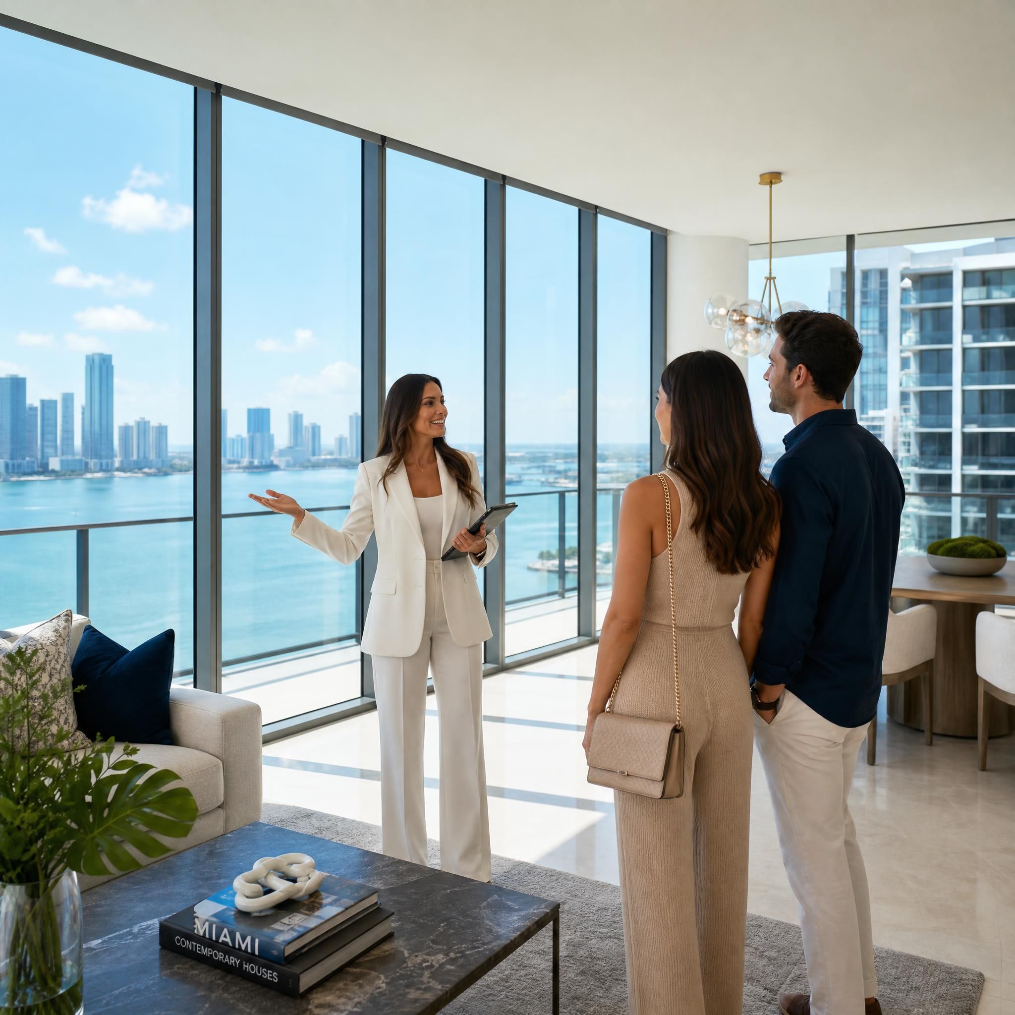 Miami luxury real estate agent showing a couple a waterfront new construction condo with panoramic bay views during a private tour