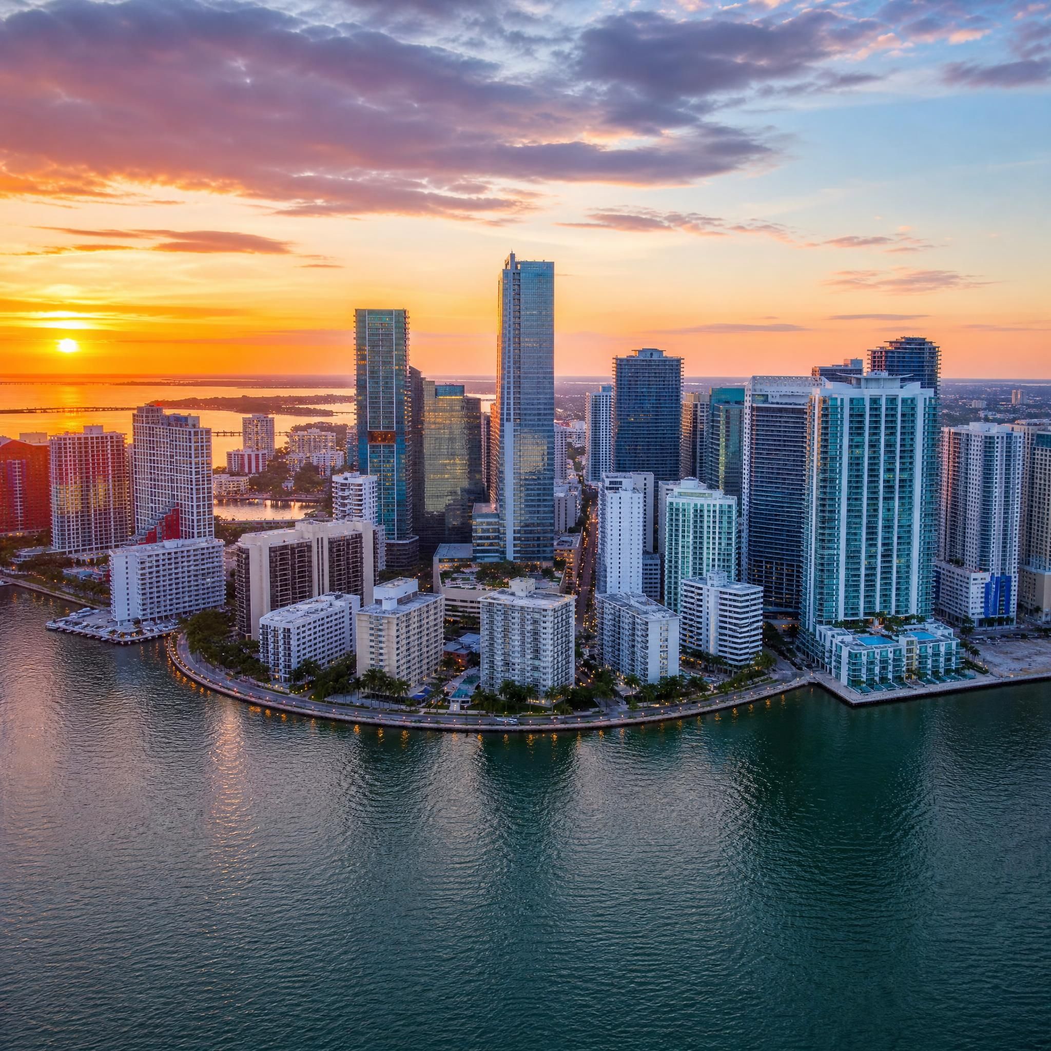 Aerial drone view of Miami's Brickell skyline at sunset with luxury high-rise towers reflecting on Biscayne Bay