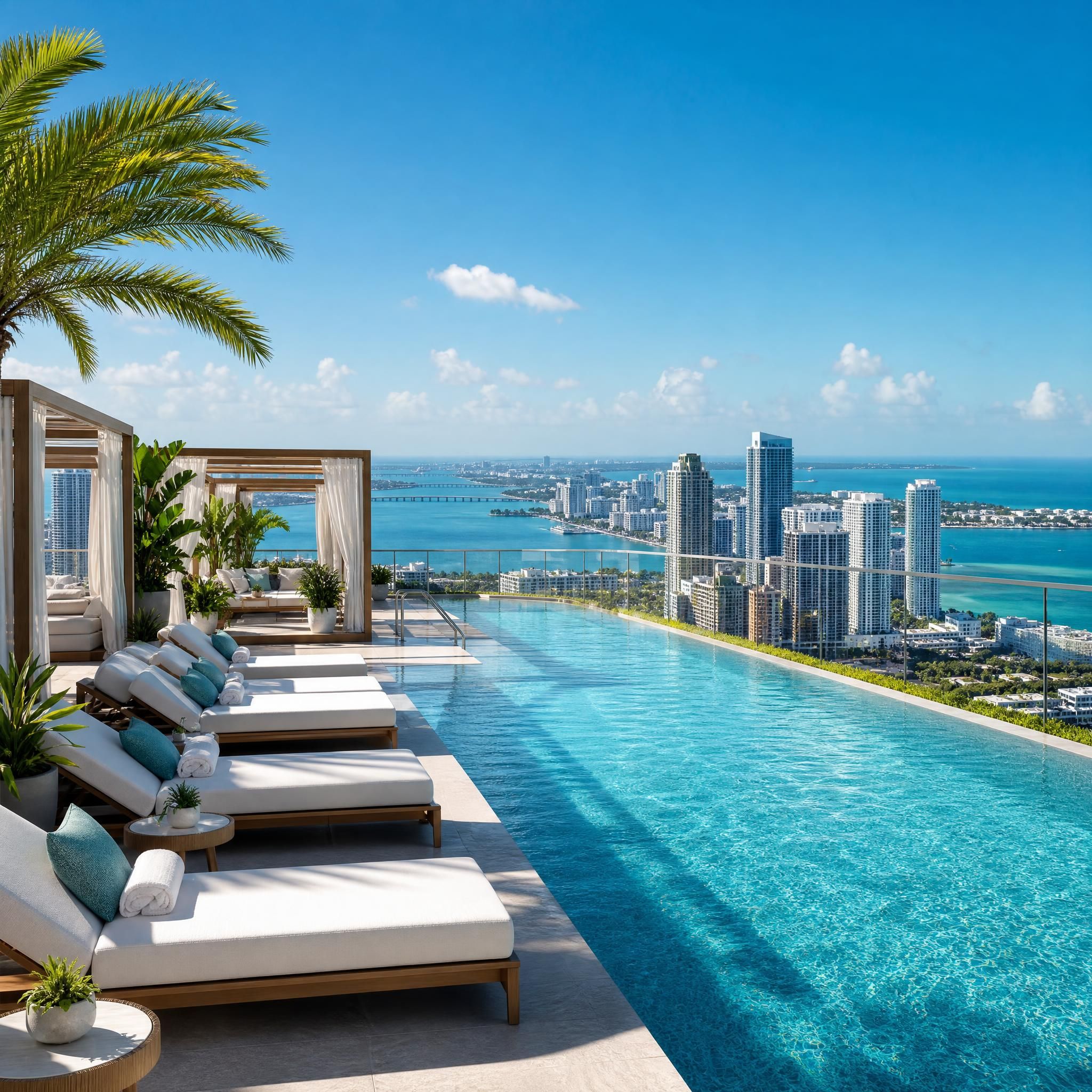 Luxury rooftop pool at a Miami high-rise condo with panoramic city and ocean views, sun loungers, and cabanas