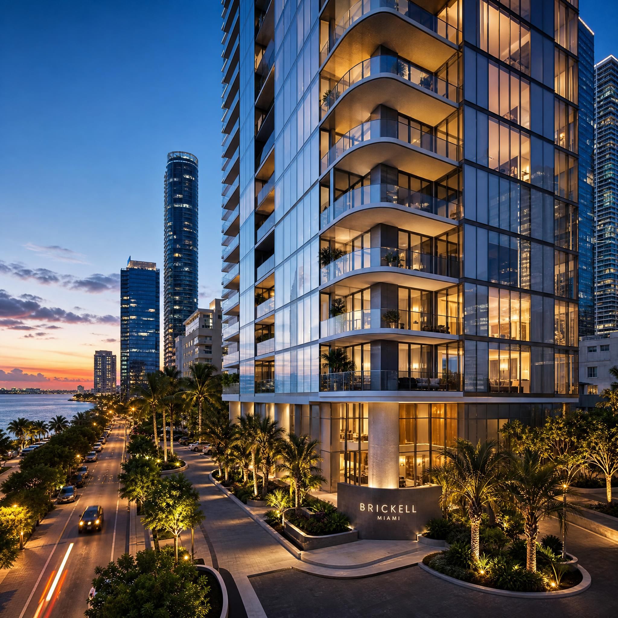 Luxury new construction condo building exterior in Brickell Miami at dusk, modern glass facade with illuminated balconies