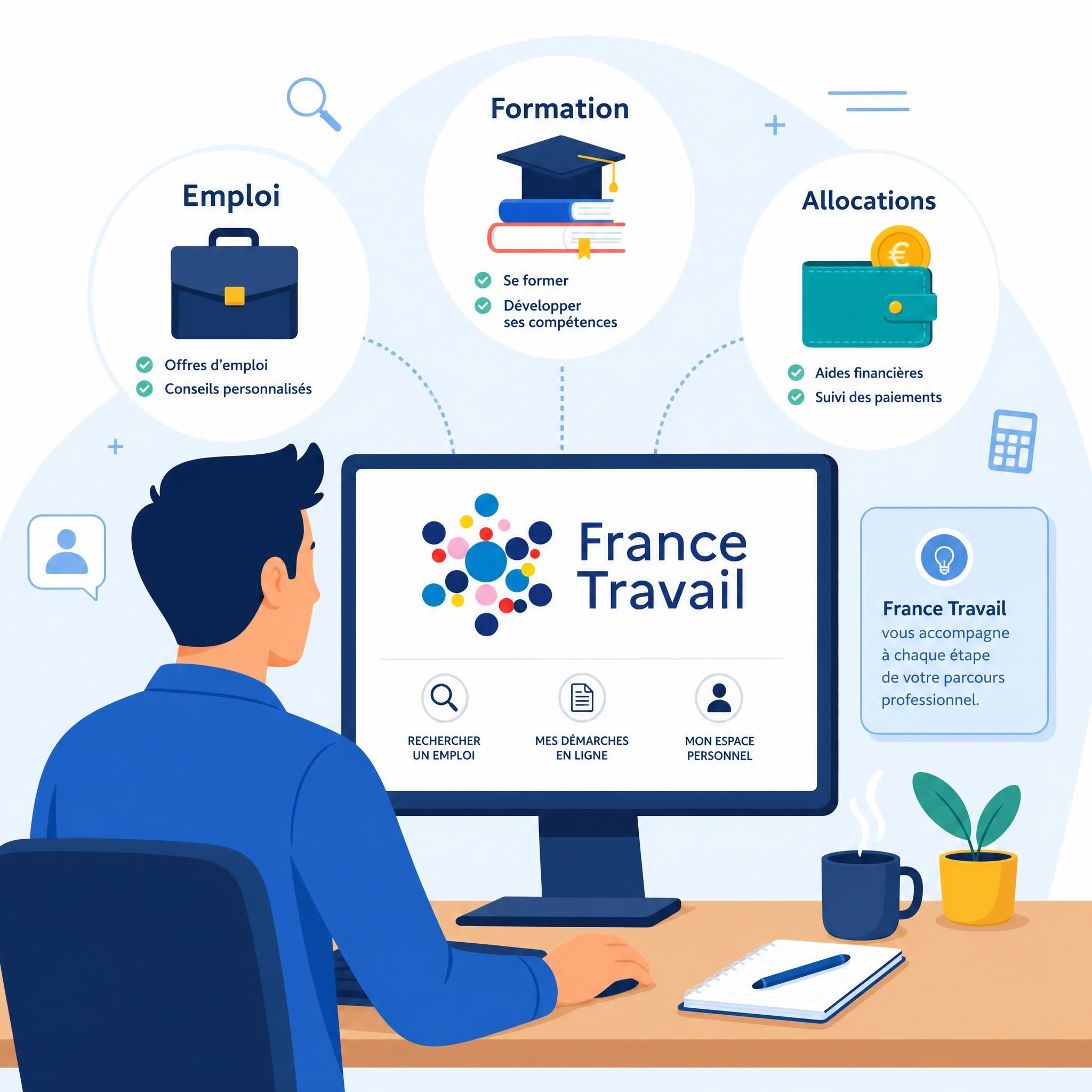 Illustration flat design vectorielle représentant un demandeur d'emploi devant un écran d'ordinateur avec le logo France Travail, entouré d'icônes symbolisant emploi, formation et allocations