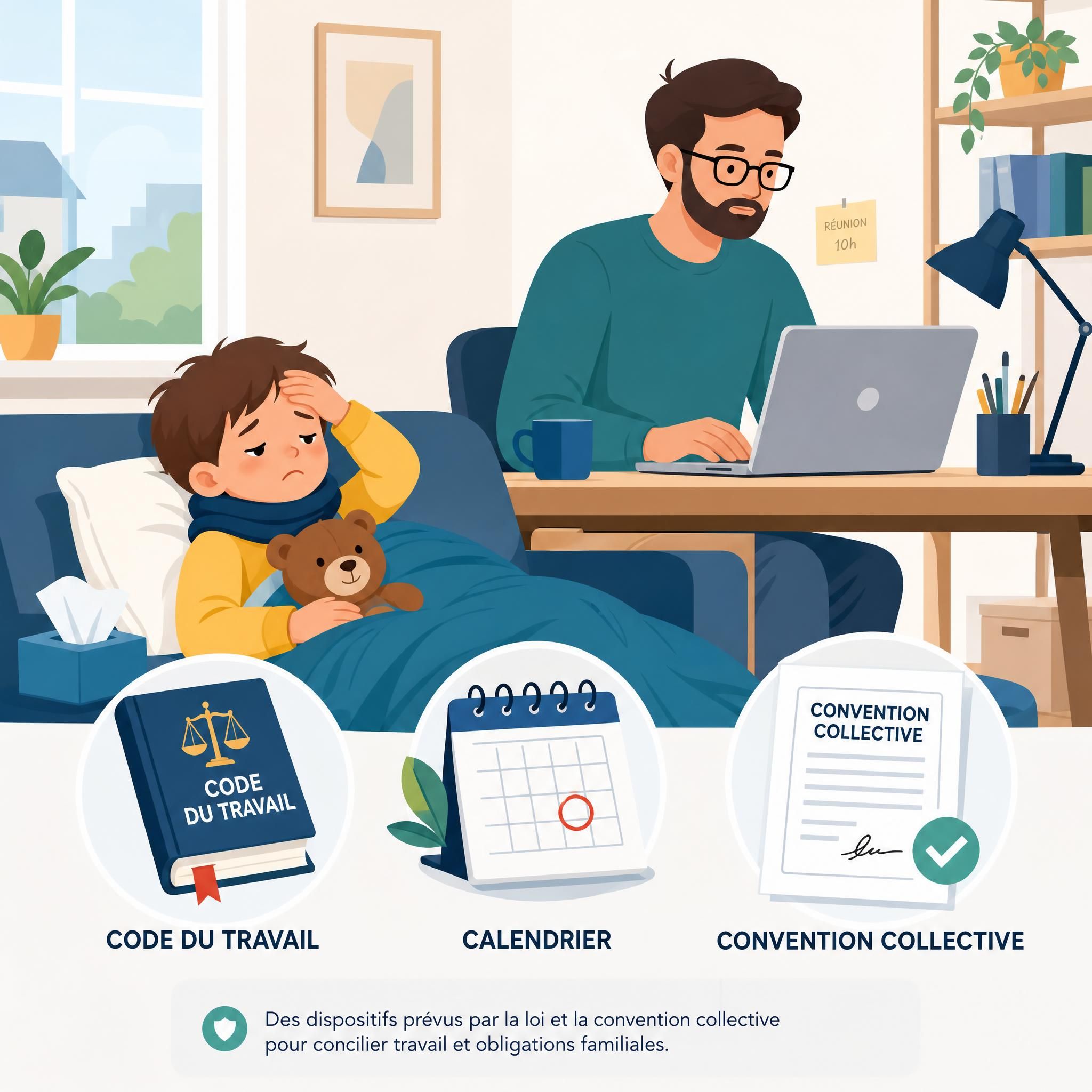 Illustration flat design vectoriel représentant un parent qui travaille depuis chez lui avec un enfant malade au premier plan, icônes symbolisant le Code du travail, un calendrier et une convention collective