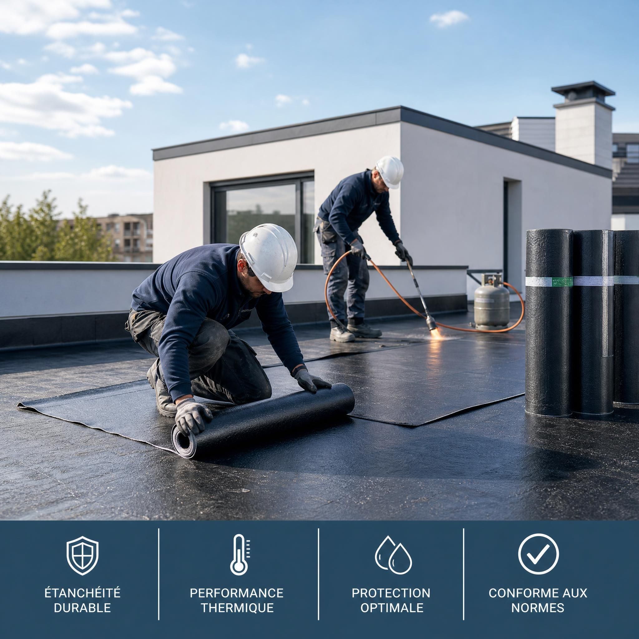 Toiture-terrasse avec membrane d'étanchéité en cours de réfection par des professionnels, vue de chantier