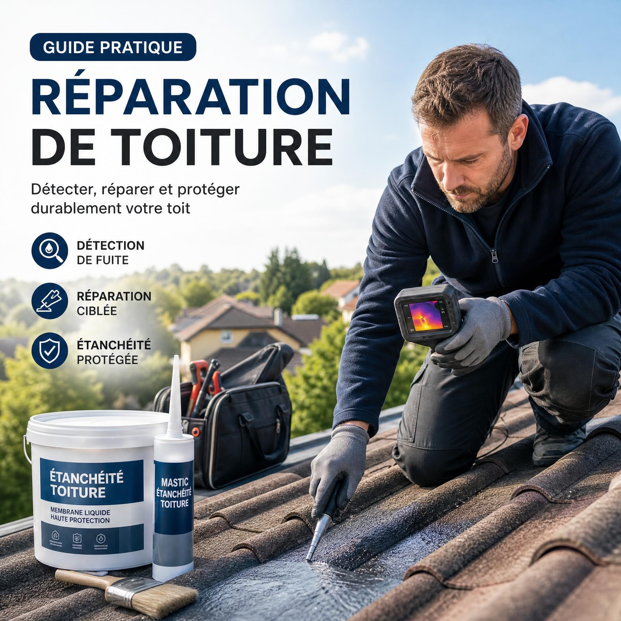 Propriétaire inspectant sa toiture avec des outils de détection de fuite et produits d'étanchéité — guide pratique réparation toiture