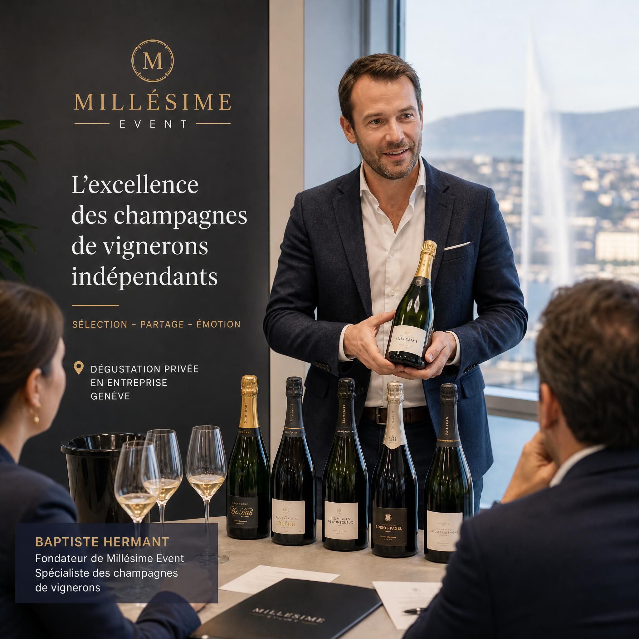 Baptiste Hermant de Millésime Event présentant une sélection de champagnes de vignerons indépendants lors d'une dégustation privée en entreprise à Genève