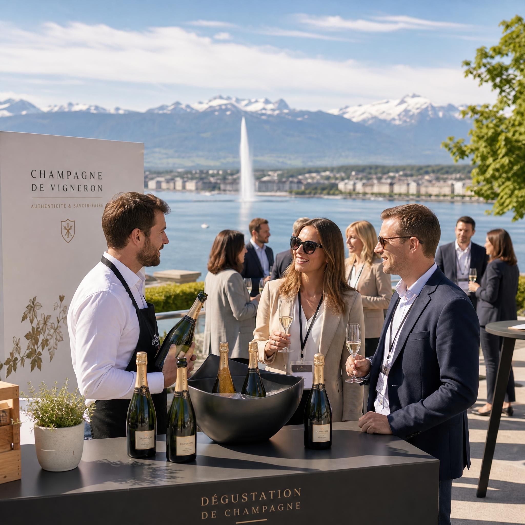 Dégustation de champagne de vigneron lors d'un événement corporate en plein air à Genève, avec vue sur le lac Léman et les Alpes