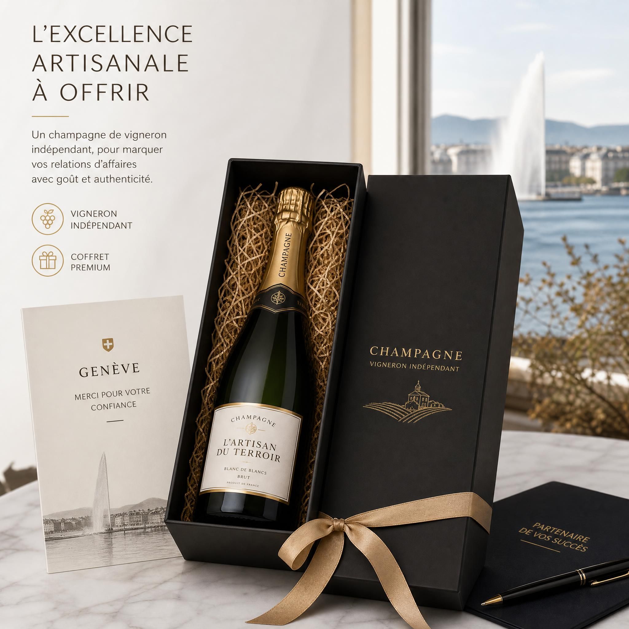 Coffret de champagne de vigneron indépendant élégamment présenté pour un cadeau d'entreprise à Genève, avec étiquette artisanale et packaging premium