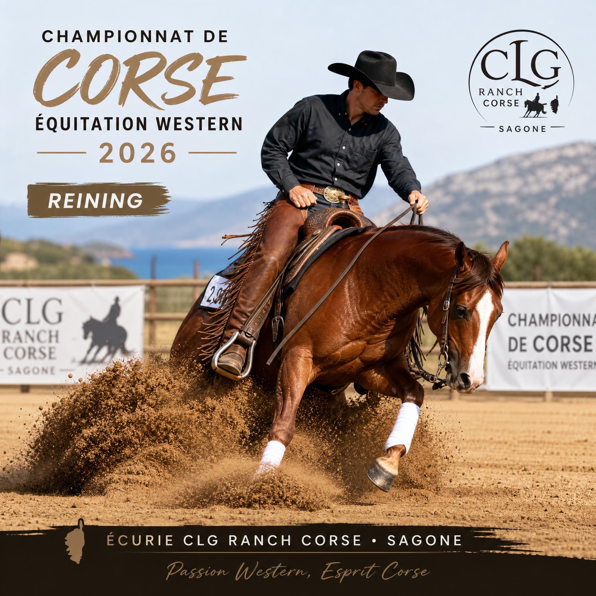 Cavalier en pleine action lors d'une épreuve de reining au Championnat de Corse d'équitation western 2026, Écurie CLG Ranch Corse, Sagone