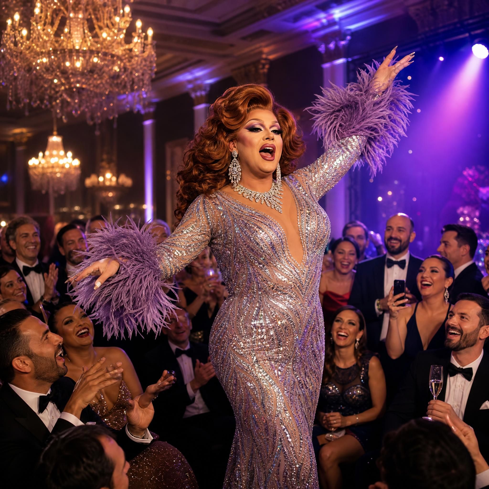 Artiste transformiste en pleine performance lors d'une soirée de gala, entouré d'invités enthousiastes en tenue de soirée