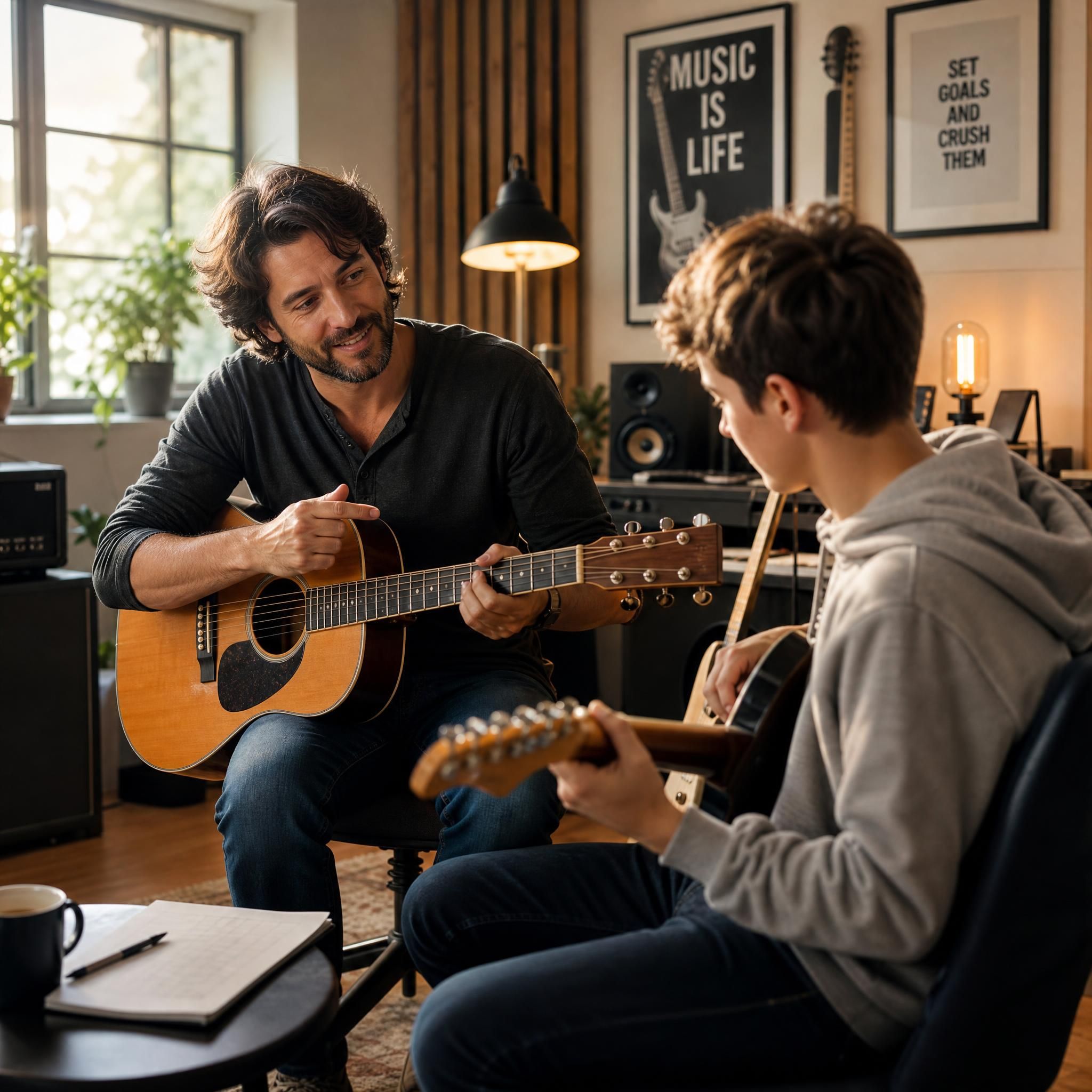 Musicien professionnel enseignant la guitare à un élève dans un studio moderne, lumière chaleureuse, ambiance inspirante