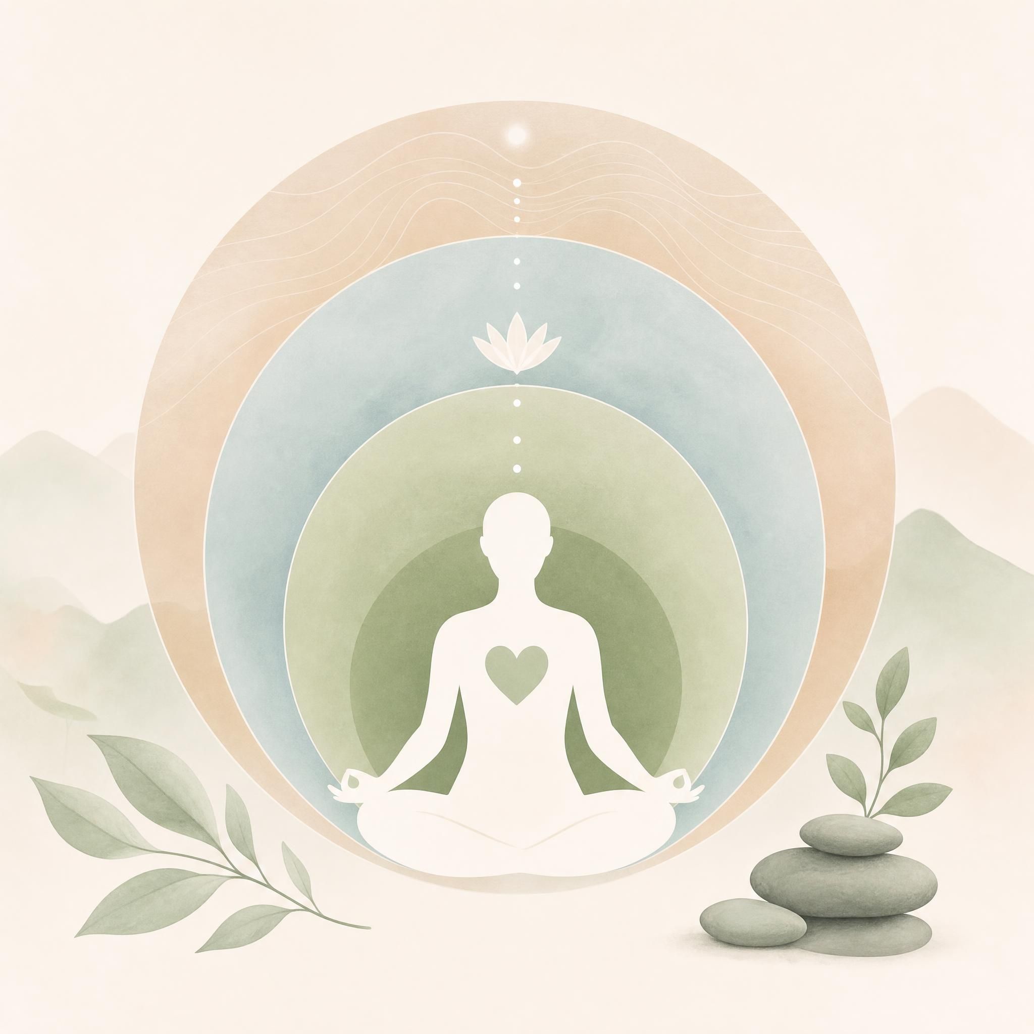 Illustration schématique apaisante montrant les trois niveaux corps-esprit-énergie avec des cercles concentriques doux en couleurs naturelles, sans texte, style illustration minimaliste bien-être