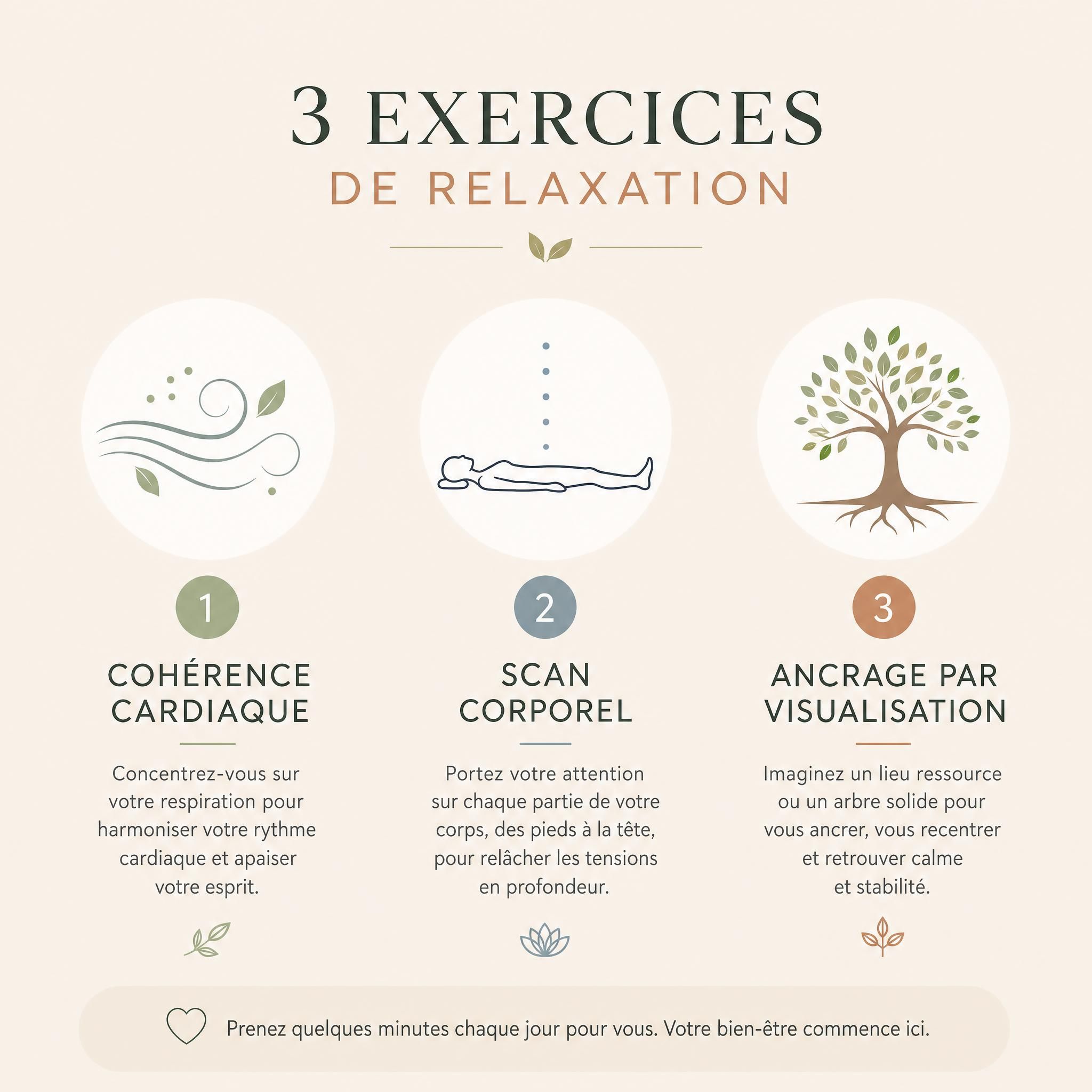 Infographie minimaliste sur fond beige clair montrant les 3 exercices de relaxation avec leurs icônes : un souffle pour la cohérence cardiaque, une silhouette allongée pour le scan corporel, un arbre pour l'ancrage par visualisation — style épuré et professionnel bien-être