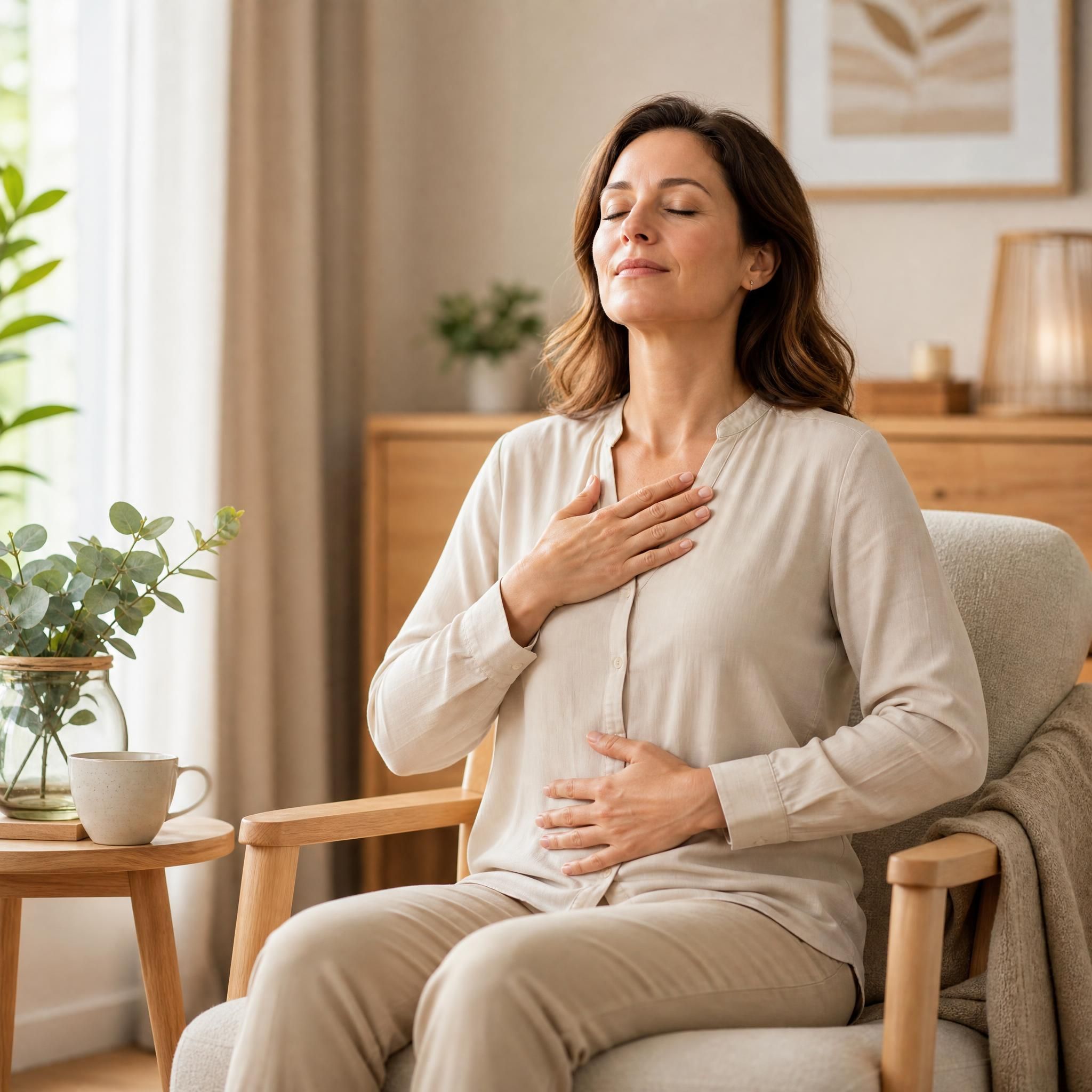 Femme d'environ 40 ans, yeux fermés, visage serein et détendu, assise dans un fauteuil confortable, pratiquant un exercice de respiration profonde dans un espace intérieur chaleureux aux tons beige et bois clair, lumière naturelle douce
