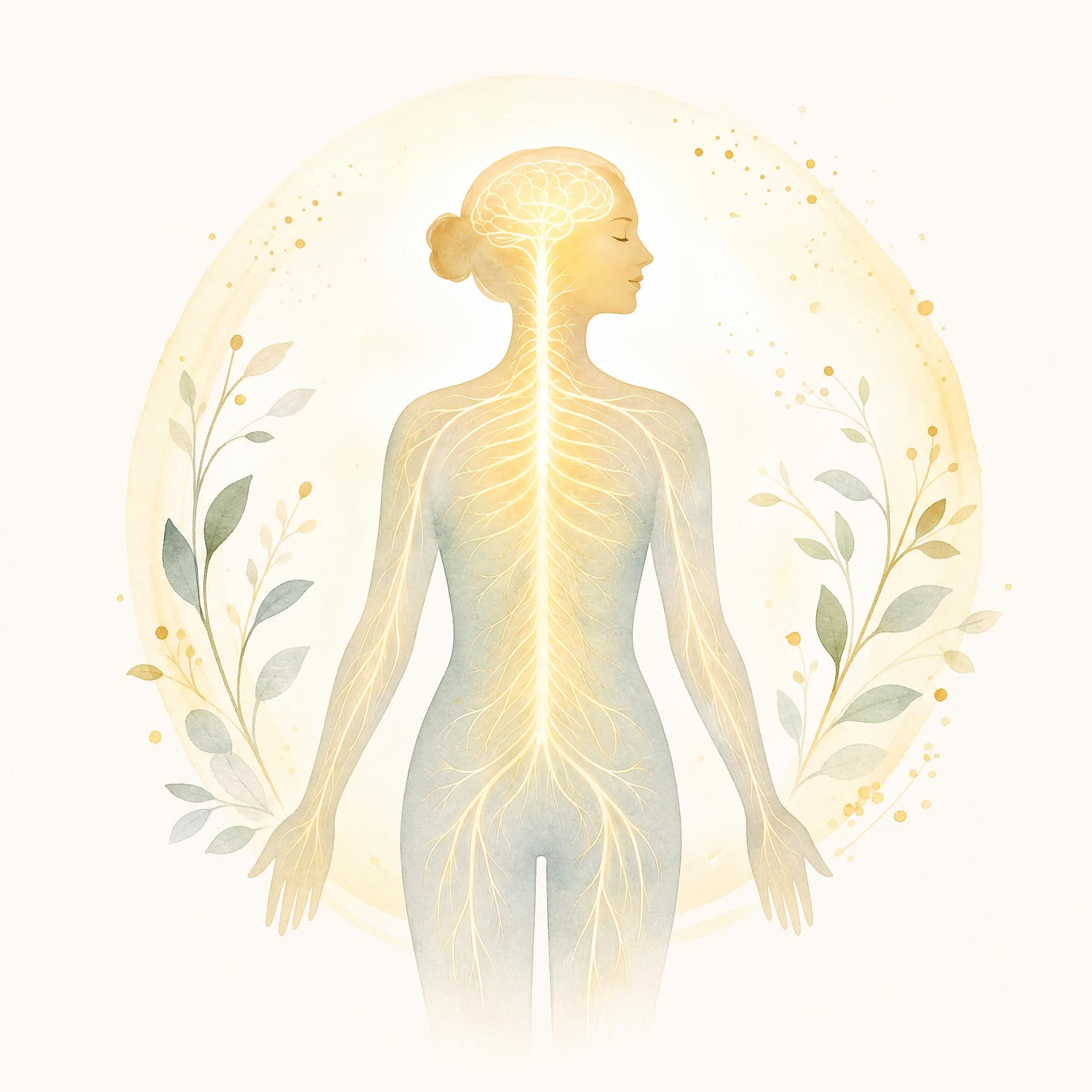 Illustration douce d'un système nerveux apaisé, représenté par une silhouette humaine entourée d'une lumière dorée et apaisante, fond blanc cassé, style aquarelle minimaliste