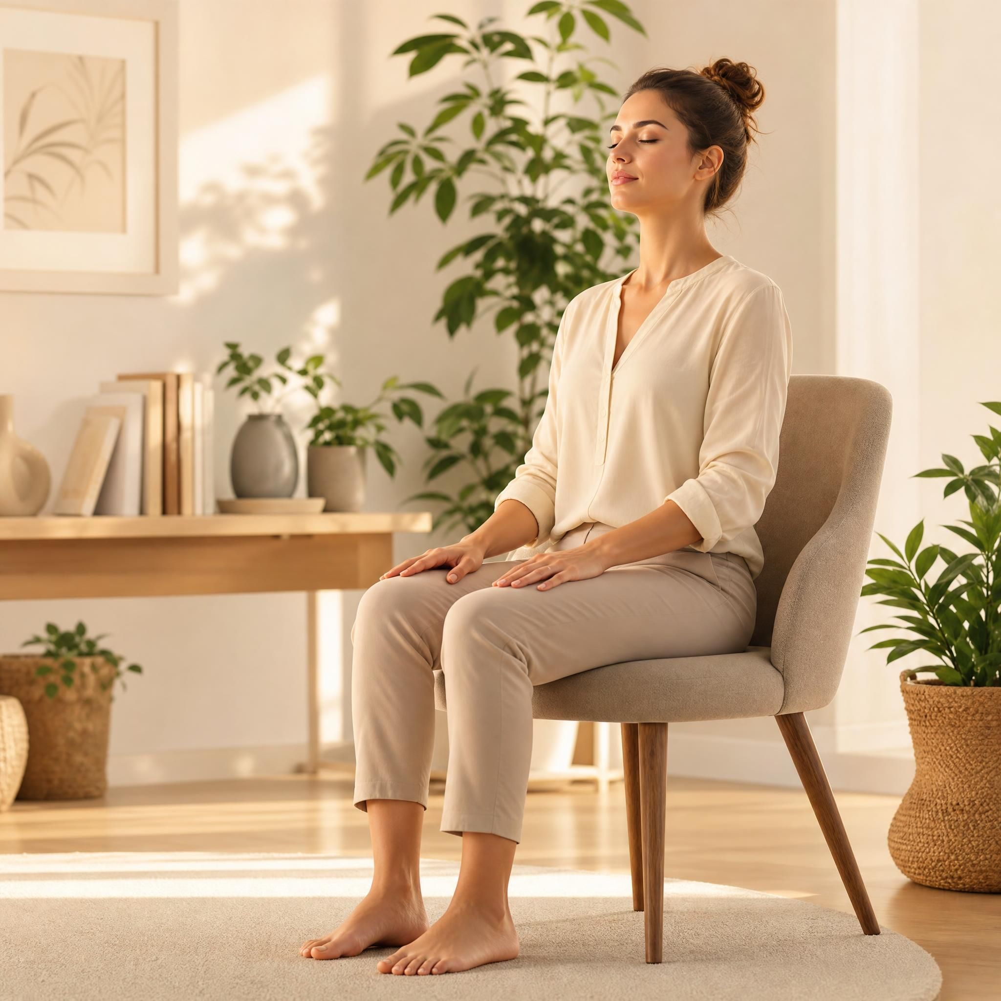 Femme assise les pieds à plat sur le sol, dos droit, yeux fermés, dans un intérieur lumineux et apaisant, lumière dorée douce, plantes vertes en arrière-plan, ambiance de stabilité et de sérénité intérieure