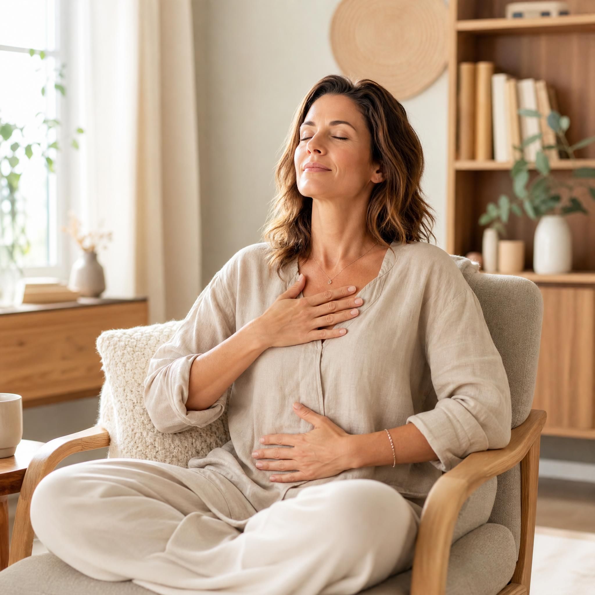 Femme d'environ 40 ans, yeux fermés, visage serein, assise dans un fauteuil chaleureux, pratiquant un exercice de respiration profonde, lumière naturelle douce, tons beige et bois clair