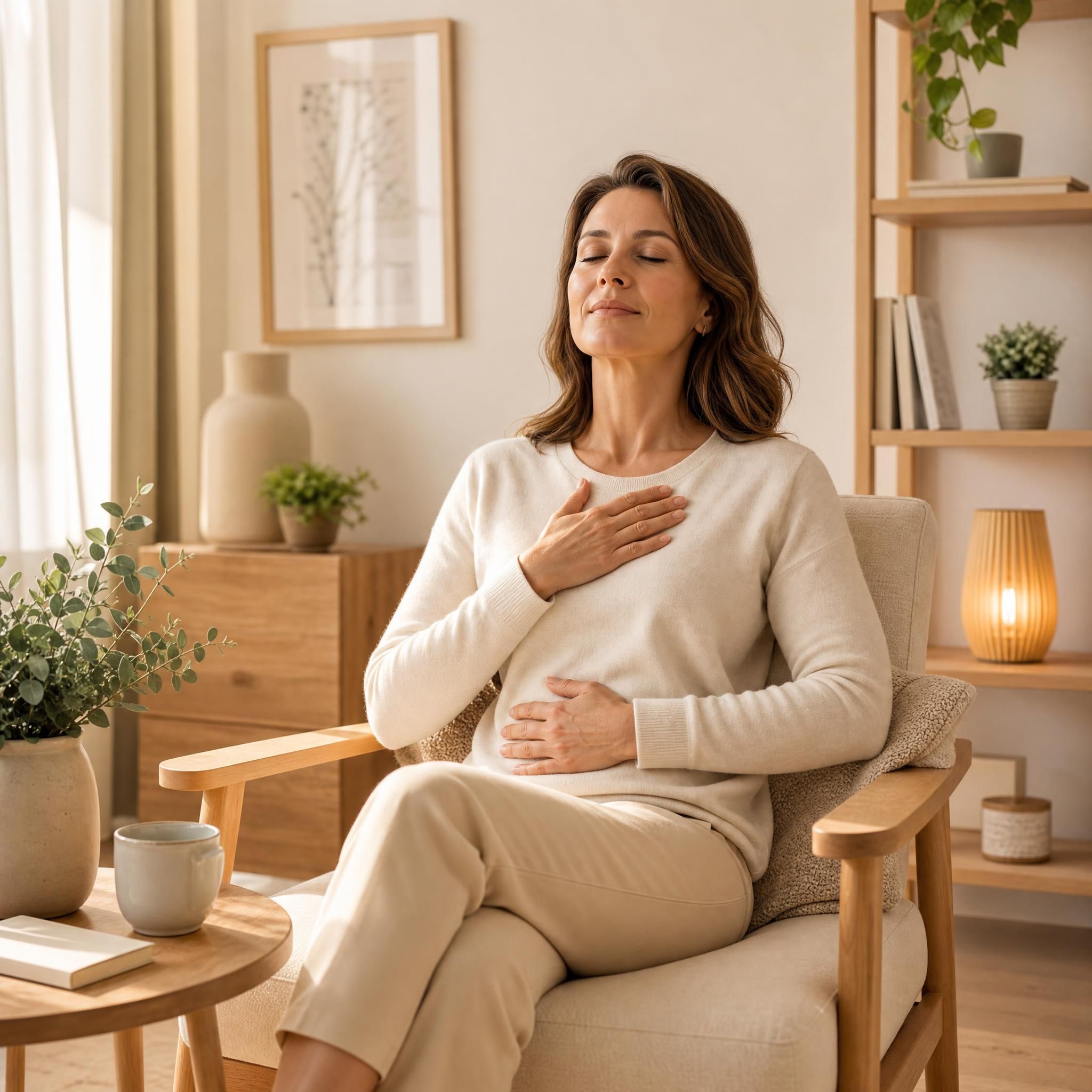 Femme d'environ 40 ans, yeux fermés, visage serein, assise dans un fauteuil chaleureux, pratiquant un exercice de respiration profonde dans un espace lumineux aux tons beiges et bois clair
