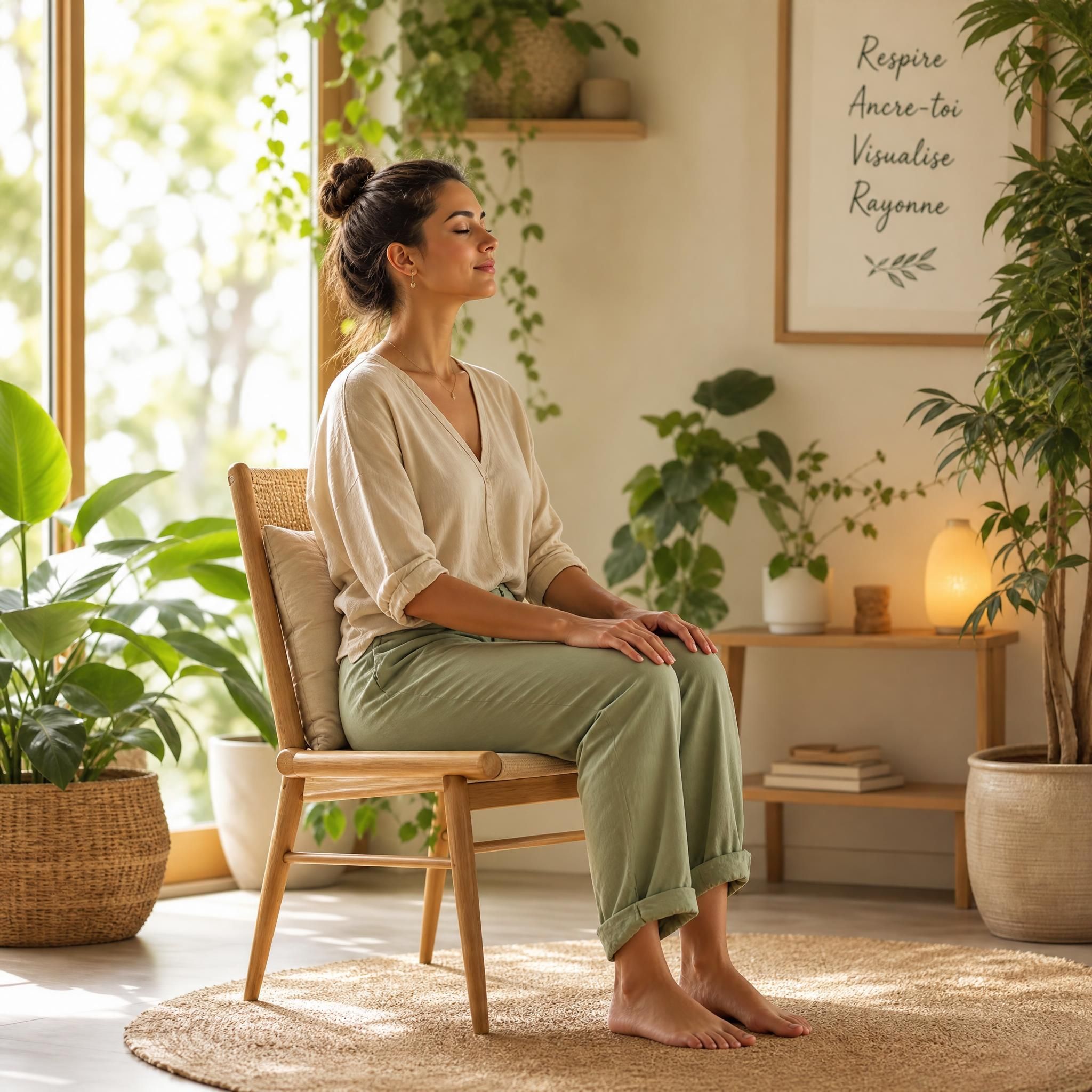 Femme assise les pieds au sol, mains sur les genoux, en posture d'ancrage et de visualisation dans un espace lumineux et naturel, entourée de plantes vertes, tons doux et chaleureux