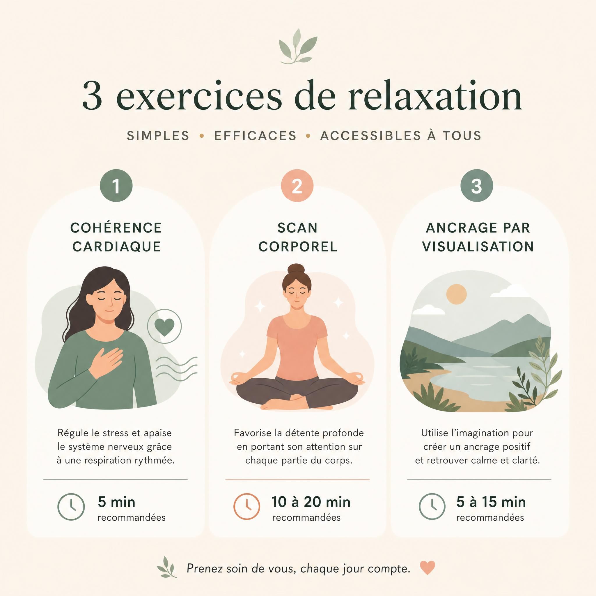 Infographie minimaliste sur fond beige clair représentant les 3 exercices de relaxation (cohérence cardiaque, scan corporel, ancrage par visualisation) avec des icônes douces et des durées recommandées, style illustration bien-être moderne