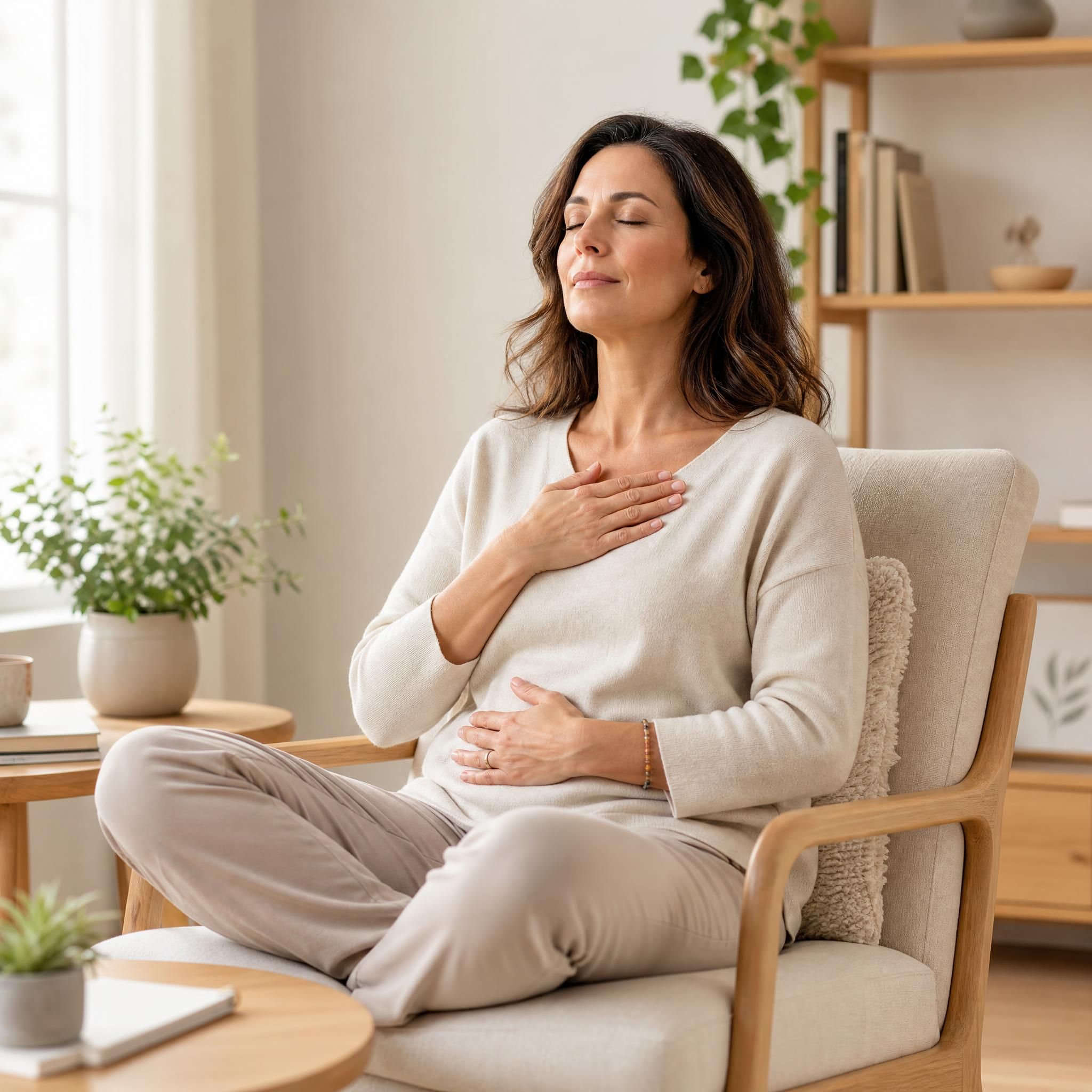 Femme d'environ 40 ans, yeux fermés, visage serein, assise confortablement dans un fauteuil lumineux aux tons beige et bois clair, pratiquant un exercice de respiration profonde, lumière naturelle douce, ambiance calme et sécurisante