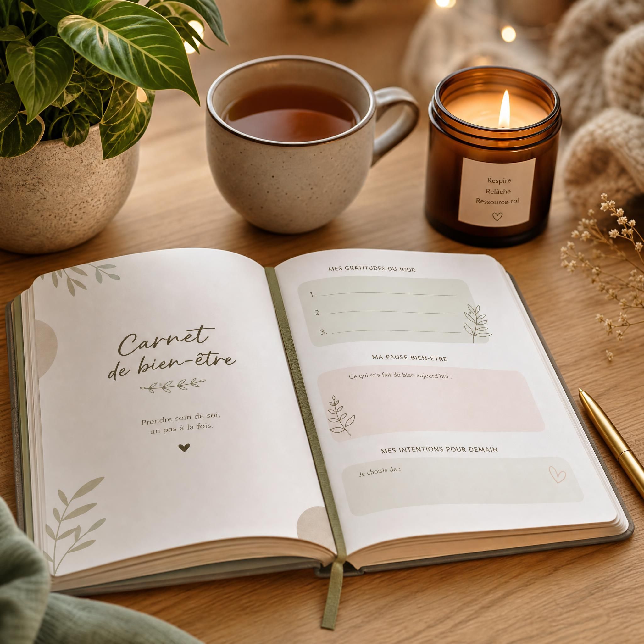 Carnet de bien-être ouvert sur une table en bois clair avec une tasse de tisane, une plante verte et une bougie allumée, ambiance cosy et apaisante du soir, lumière chaude, format horizontal
