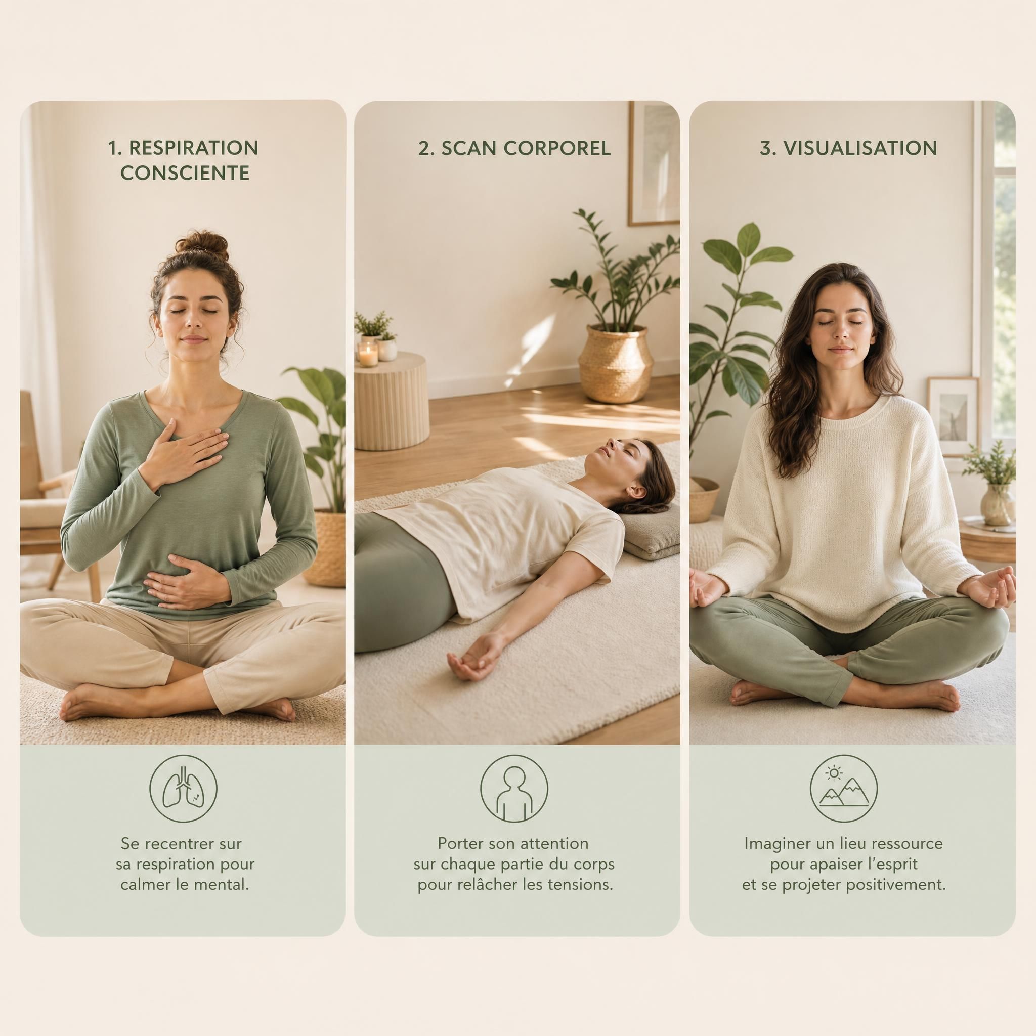 Trois vignettes côte à côte illustrant les trois exercices : à gauche une femme en respiration consciente, au centre une personne allongée en scan corporel, à droite une femme assise en visualisation les yeux fermés, tons doux beige et vert, lumière naturelle
