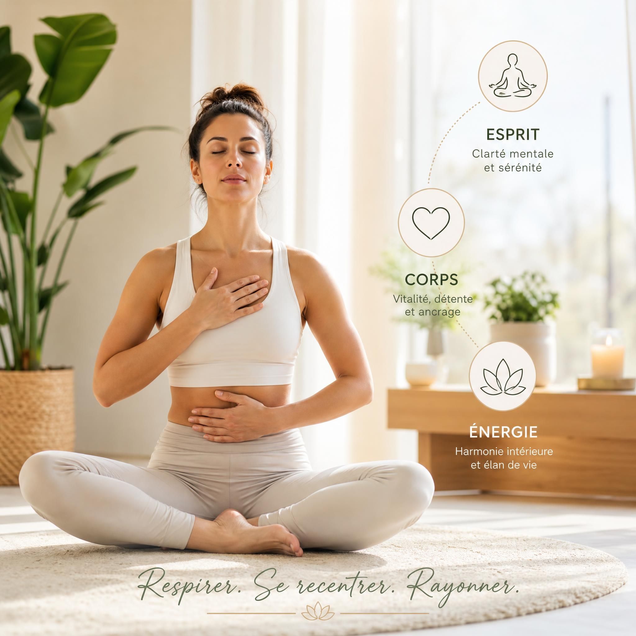 Femme sereine pratiquant un exercice de respiration consciente dans un espace lumineux et apaisant, symbolisant l'équilibre corps-esprit-énergie