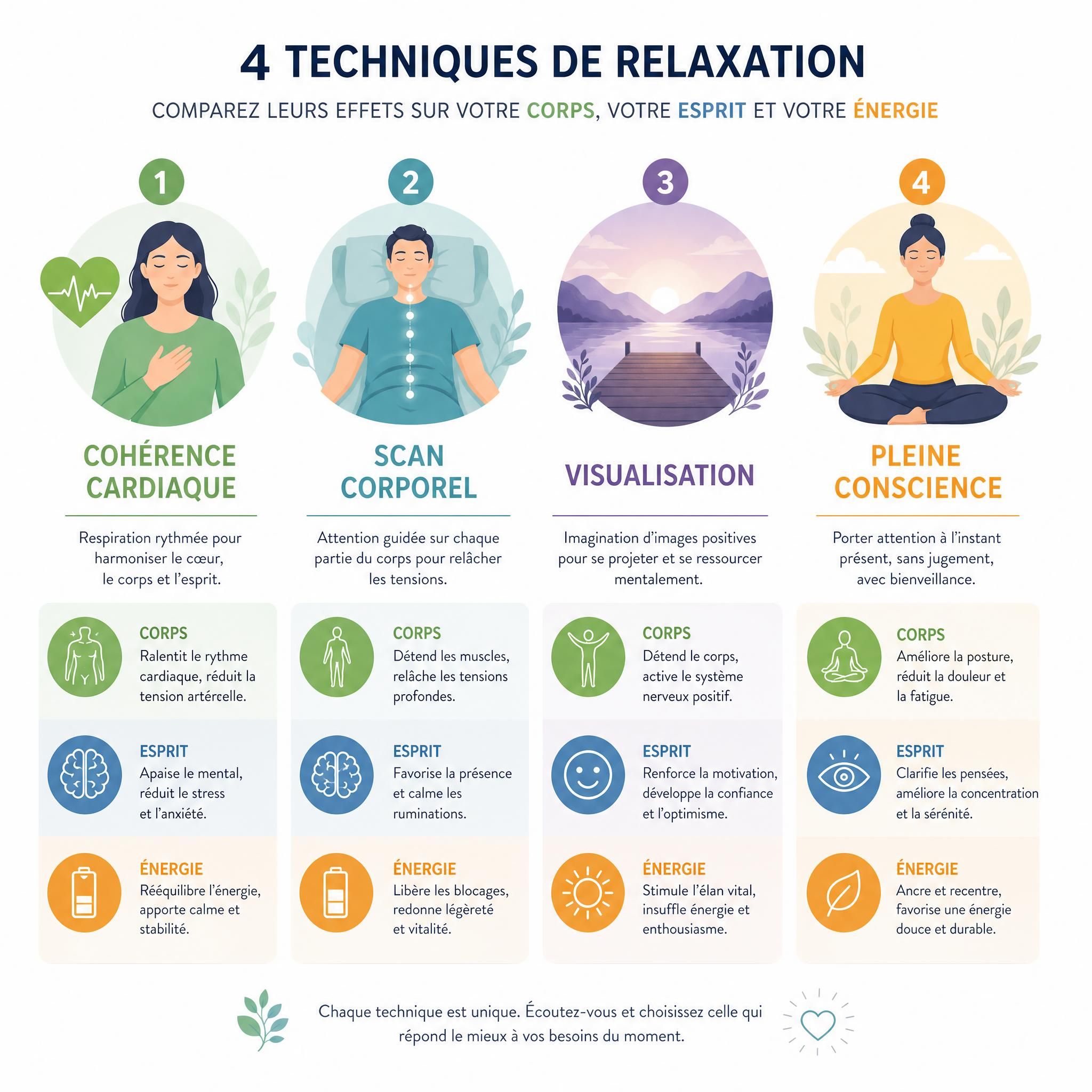 Illustration graphique comparant visuellement quatre techniques de relaxation — cohérence cardiaque, scan corporel, visualisation, pleine conscience — avec leurs effets sur corps, esprit et énergie, fond blanc épuré, icônes douces et colorées