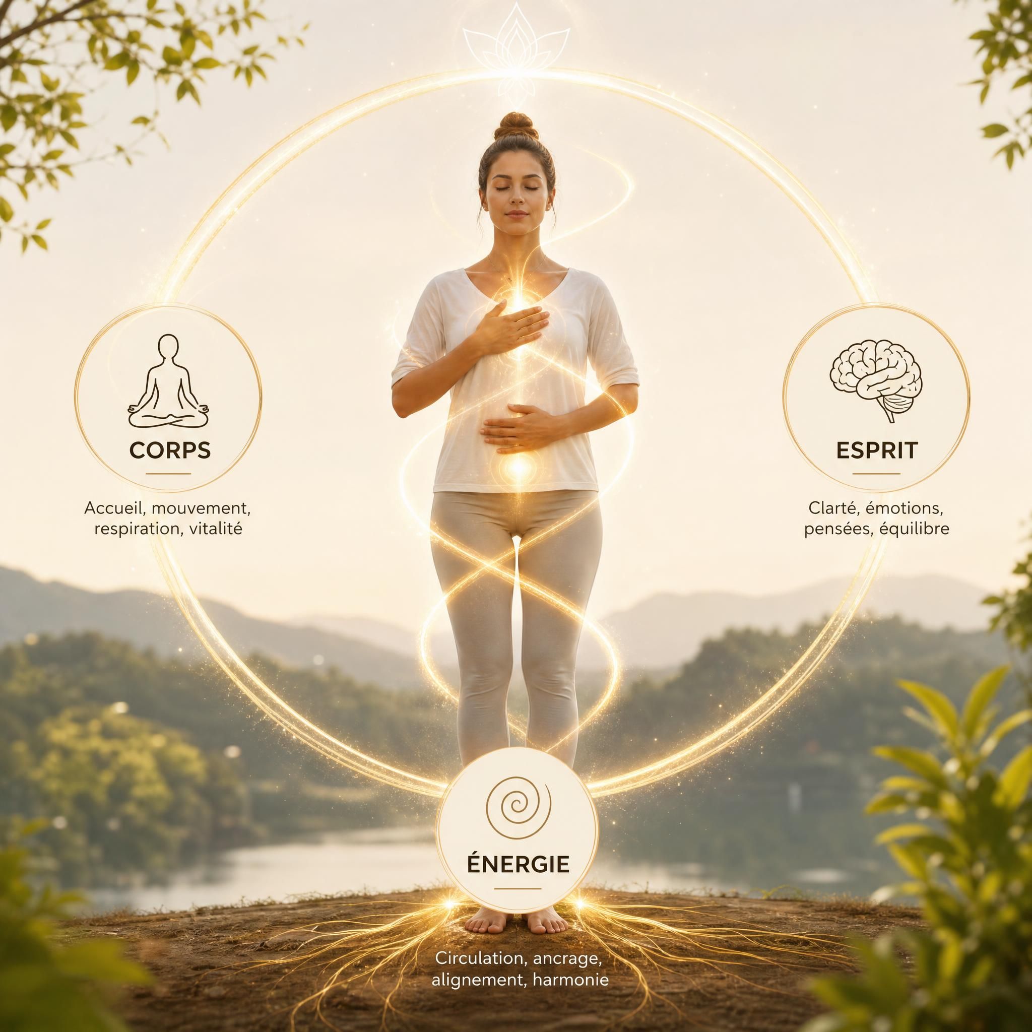 Représentation visuelle de l'approche holistique Corps-Esprit-Énergie, avec une femme en posture d'ancrage, entourée de lumière dorée symbolisant la circulation énergétique