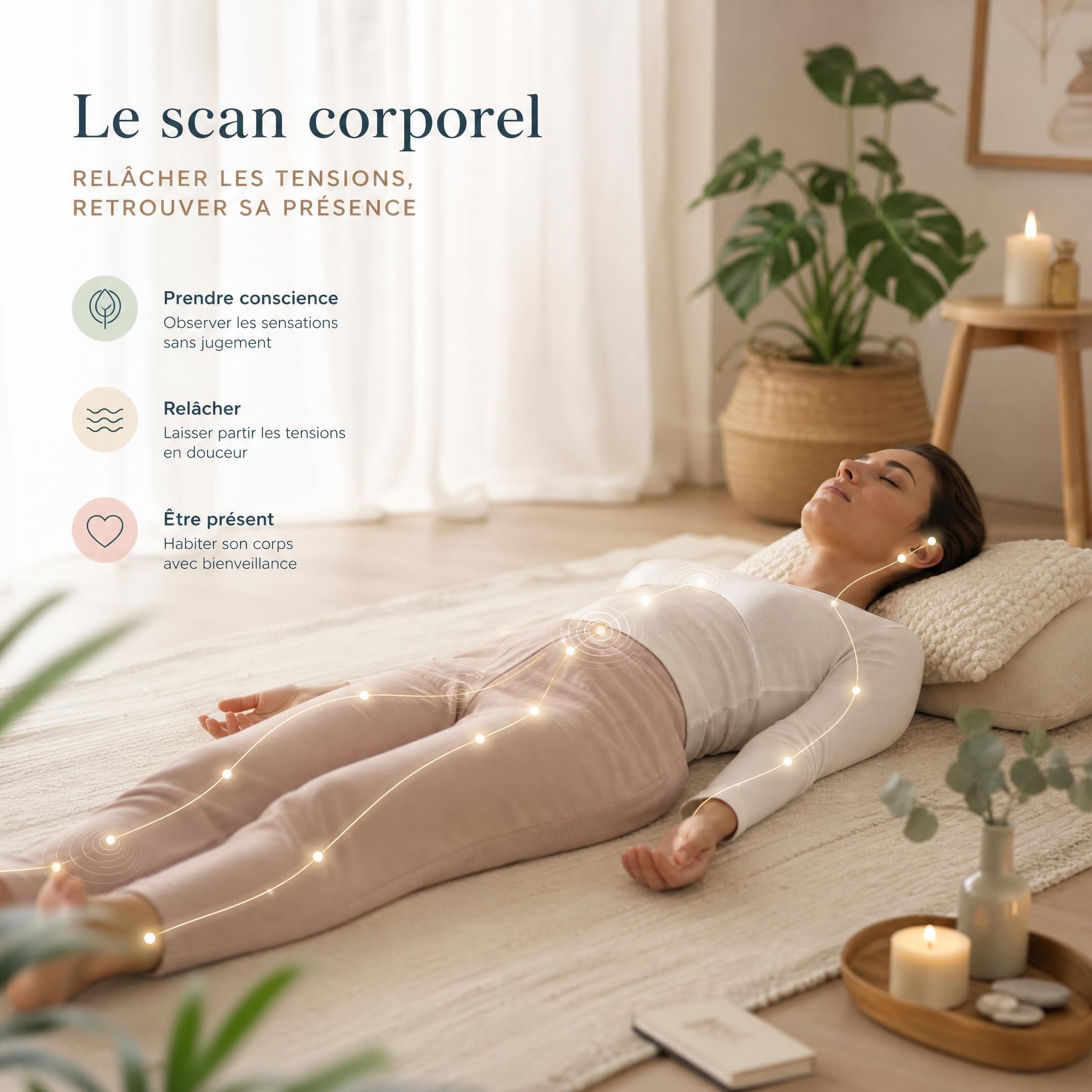 Femme allongée dans un espace doux et lumineux, pratiquant un scan corporel les yeux fermés, symbolisant la libération des tensions somatiques et la disponibilité intérieure