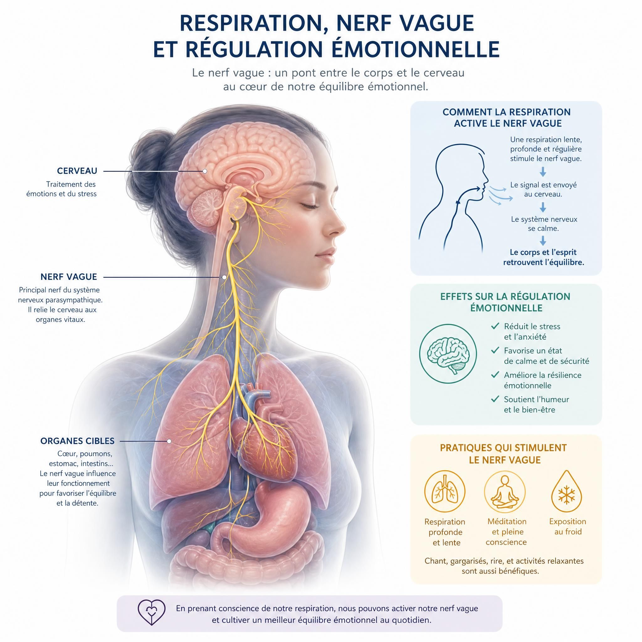 Illustration scientifique du système nerveux autonome et du nerf vague, représentant la connexion entre respiration et régulation émotionnelle