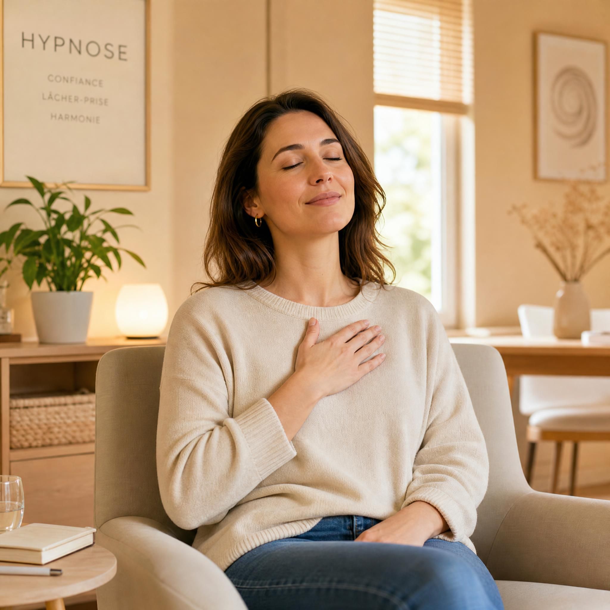 Femme d'une trentaine d'années, sereine, qui pose la main sur sa poitrine, yeux mi-clos, expression de soulagement profond, cabinet d'hypnose chaleureux aux tons beige et bois clair, lumière naturelle douce