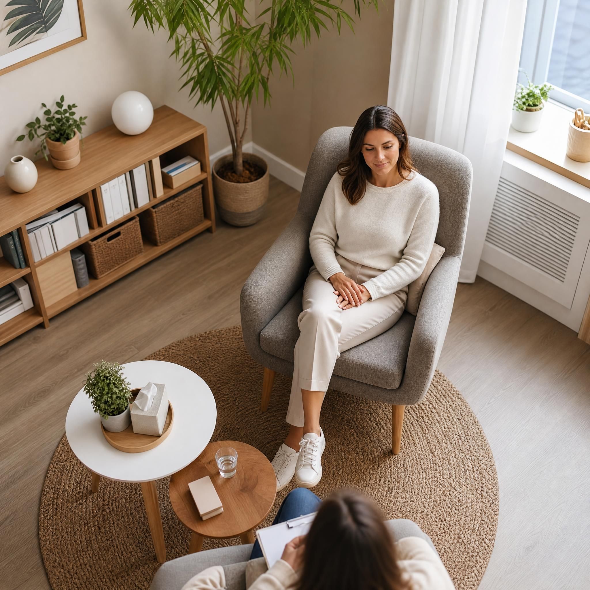 Vue en plongée douce d'une personne assise en position détendue dans un fauteuil confortable, mains posées sur les genoux, ambiance lumineuse et apaisante dans un cabinet moderne aux tons naturels