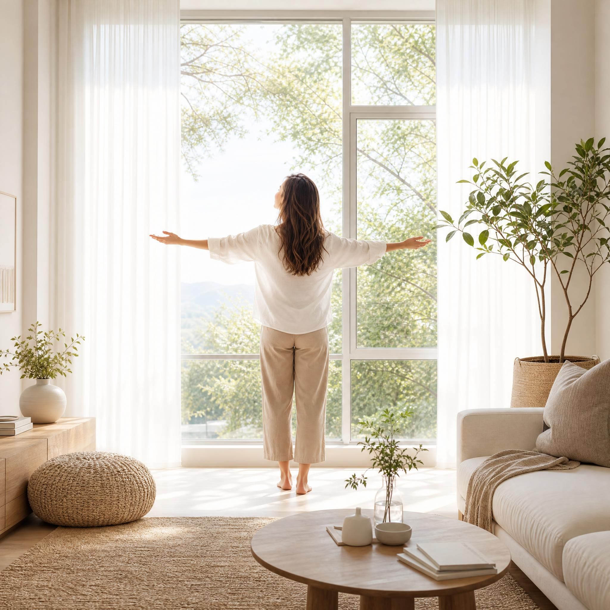 Femme debout face à une grande fenêtre lumineuse, posture ouverte et détendue, expression de paix intérieure retrouvée, lumière naturelle baignant la pièce, tons doux beige et blanc, plan large