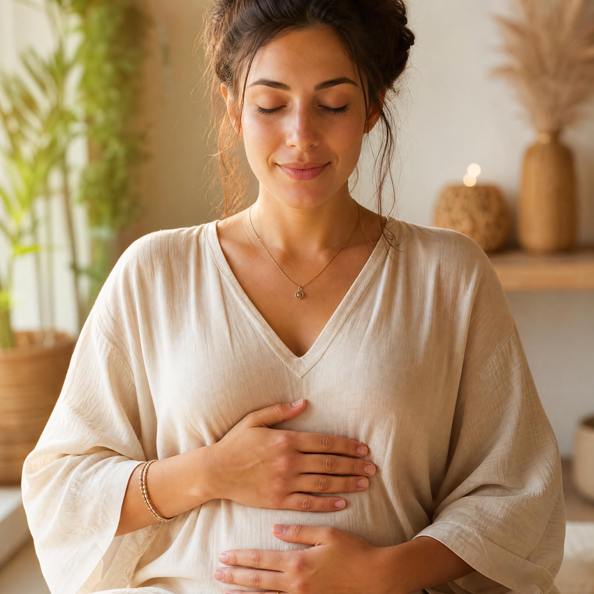 Gros plan sur les mains d'une femme posées sur son ventre, yeux fermés, expression paisible, lumière naturelle dorée dans un espace de bien-être chaleureux