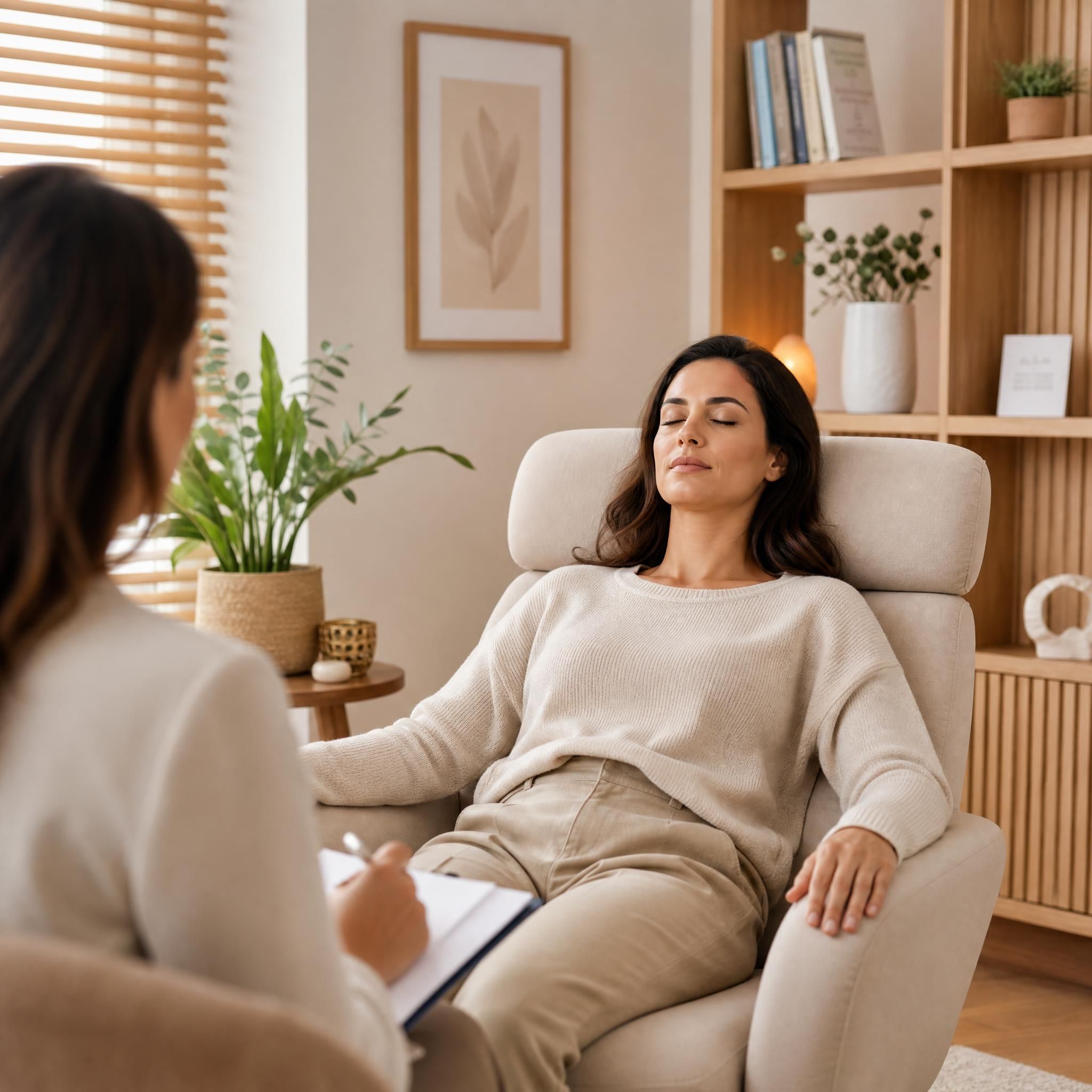 Femme détendue en séance d'hypnose thérapeutique, yeux fermés, posture apaisée dans un fauteuil confortable, lumière naturelle douce, cabinet moderne aux tons beige et bois