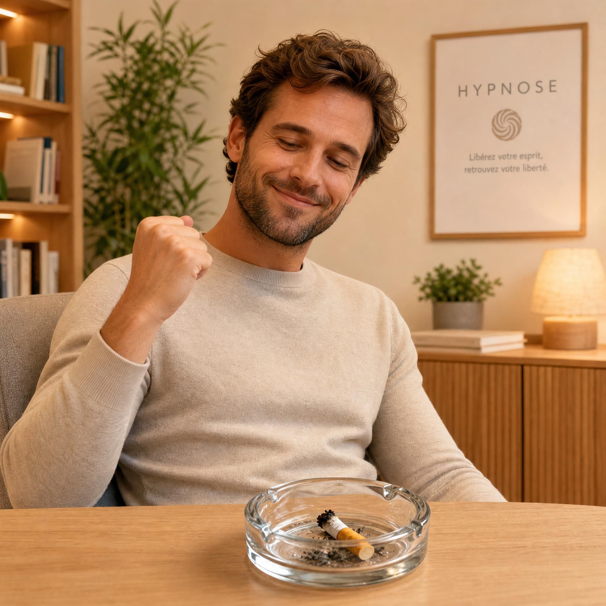 Homme souriant regardant une cigarette écrasée dans un cendrier, expression de liberté et de fierté, cabinet d'hypnose chaleureux aux tons beige et bois clair