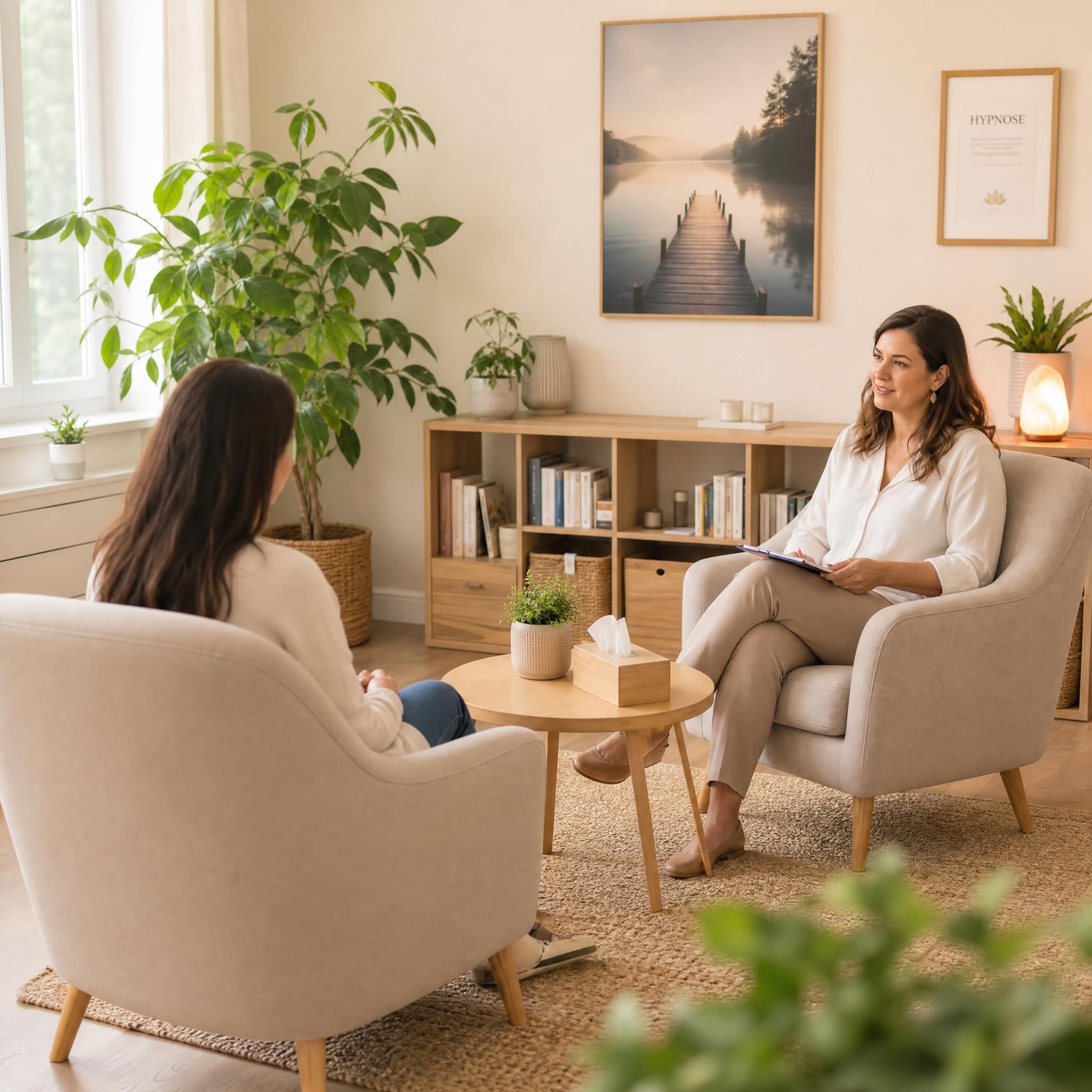 Vue en plan large d'une praticienne en hypnose et d'une cliente assises face à face dans un cabinet chaleureux, ambiance bienveillante et professionnelle, lumière naturelle douce, plantes vertes, tons beige et bois clair