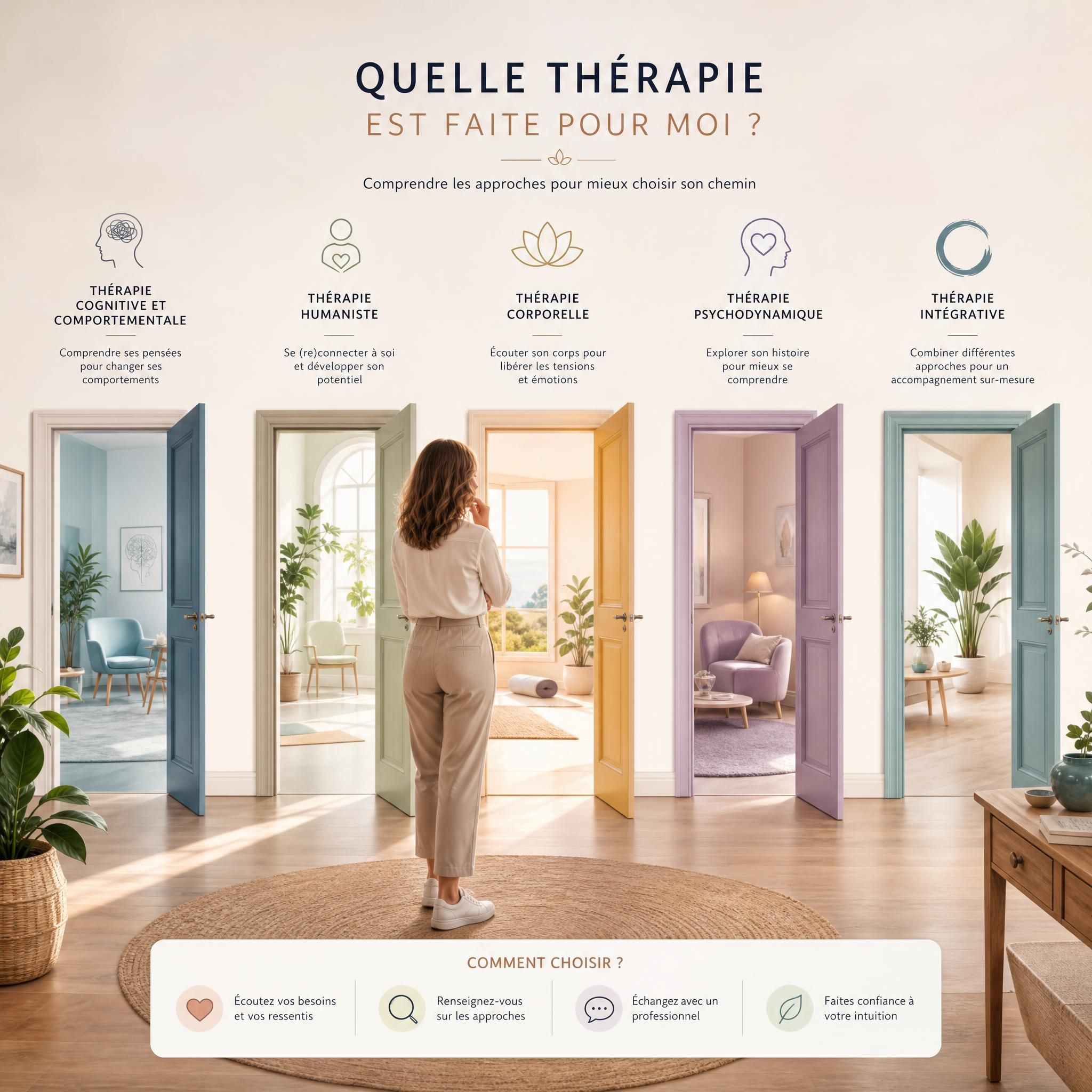 Tableau comparatif visuel illustré, femme qui réfléchit face à plusieurs portes ouvertes symbolisant différentes thérapies, ambiance lumineuse et sereine, tons doux, plan large