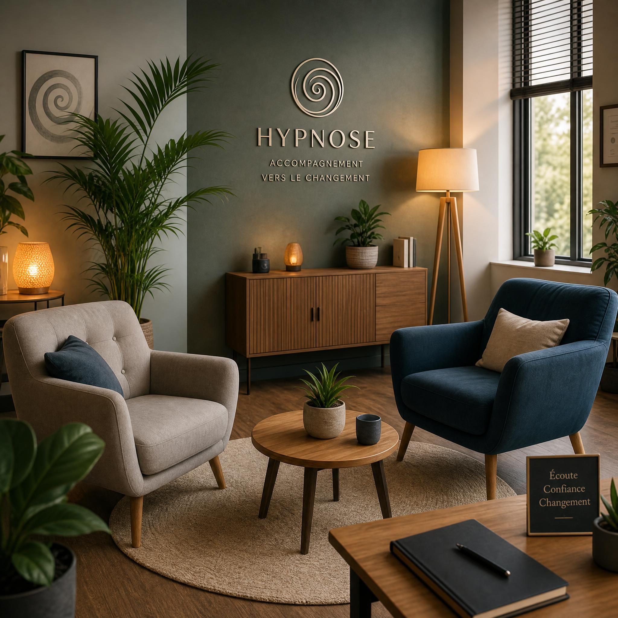 Vue d'ensemble d'un cabinet d'hypnose professionnel moderne et chaleureux, fauteuils confortables, plantes vertes, lumière naturelle tamisée, ambiance de confiance et de sérénité, format horizontal 16:9