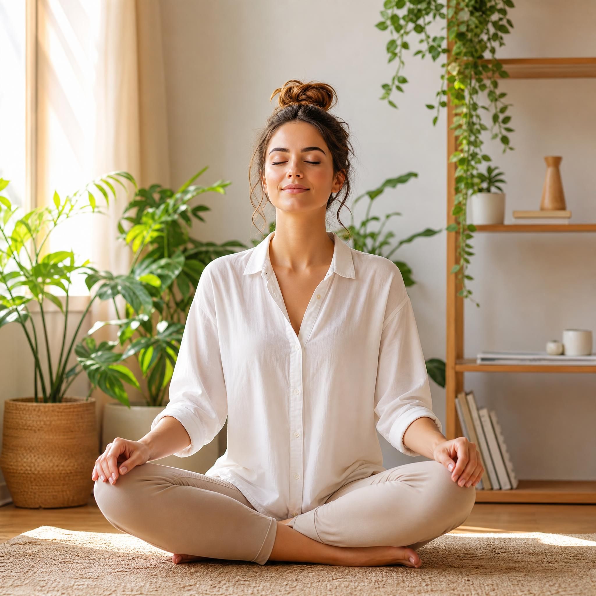 Femme en position assise détendue, mains posées sur les genoux, yeux mi-clos, expression sereine et concentrée, dans un espace lumineux et chaleureux avec des plantes vertes en arrière-plan