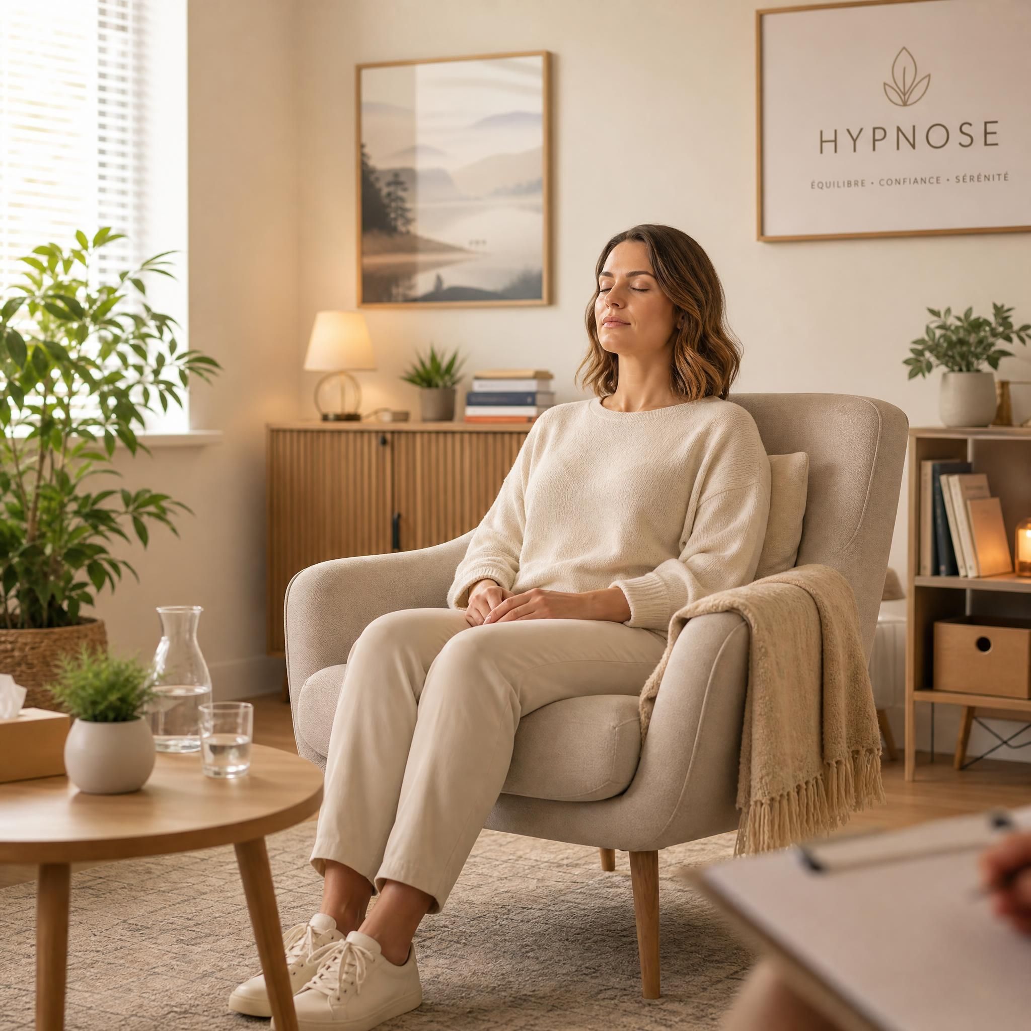 Représentation visuelle apaisante d'une femme en état de concentration profonde, yeux fermés, assise dans un fauteuil confortable dans un cabinet d'hypnose chaleureux, tons beige et bois clair, lumière naturelle