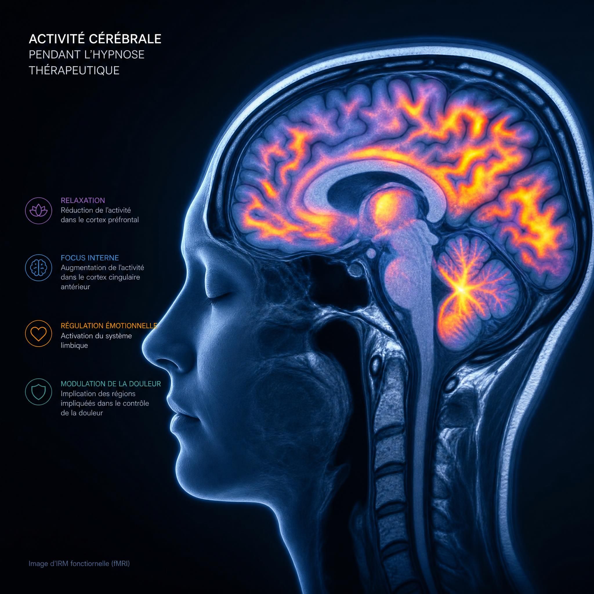 cerveau humain en imagerie IRM fonctionnelle illustrant l'activité neuronale pendant l'hypnose thérapeutique
