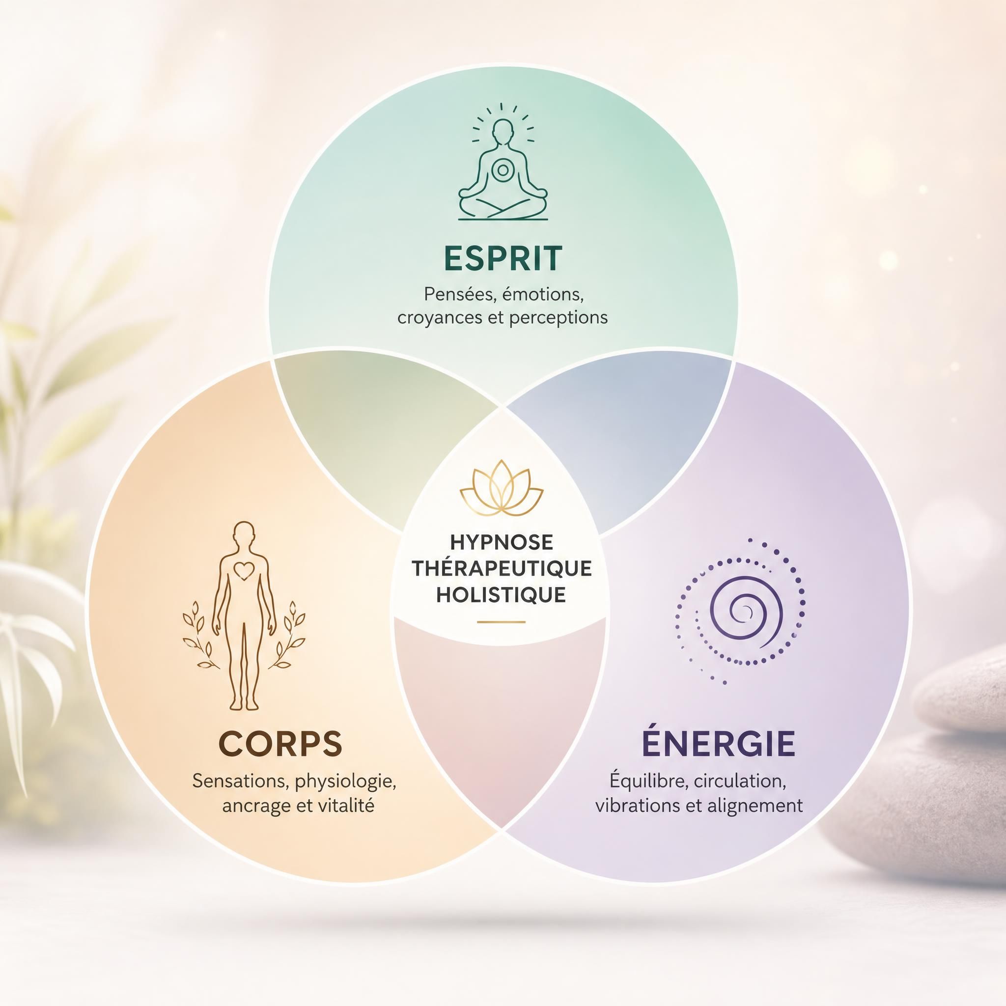 Représentation symbolique des trois dimensions corps-esprit-énergie en hypnose thérapeutique holistique, cercles interconnectés, tons doux et lumineux