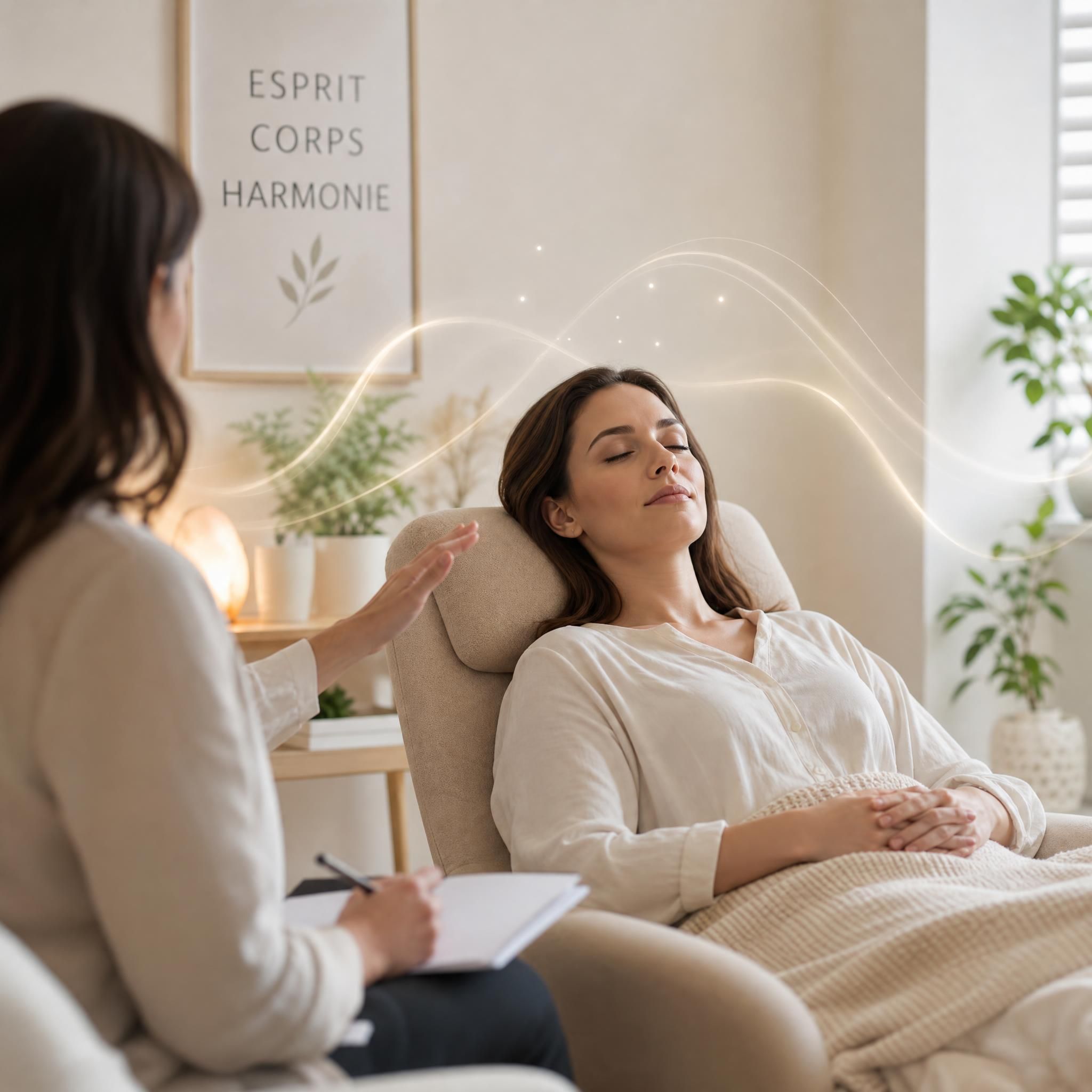femme sereine en séance d'hypnose thérapeutique, lumière douce, ambiance apaisante corps-esprit