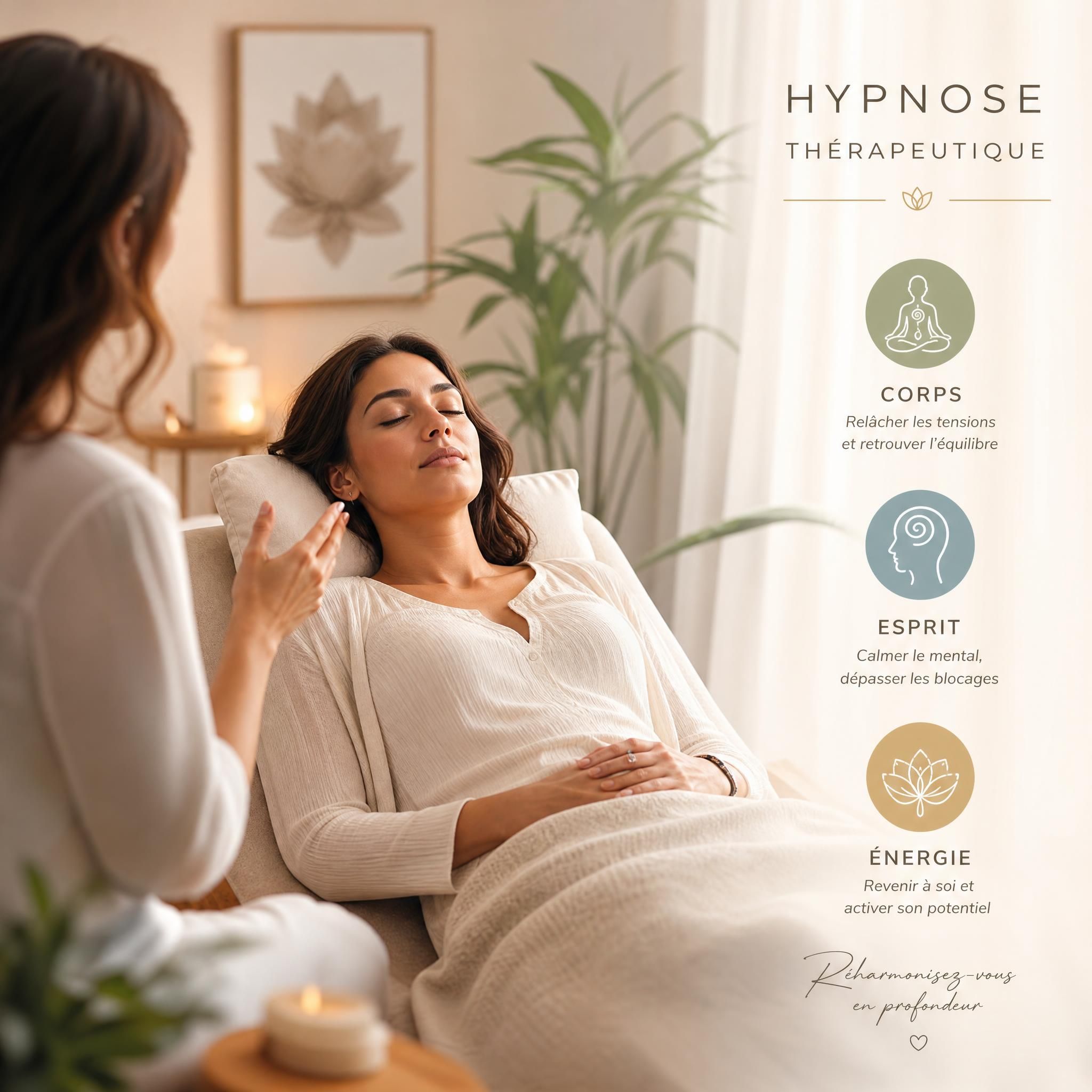 Femme sereine en séance d'hypnose thérapeutique, lumière douce et apaisante, approche corps-esprit-énergie